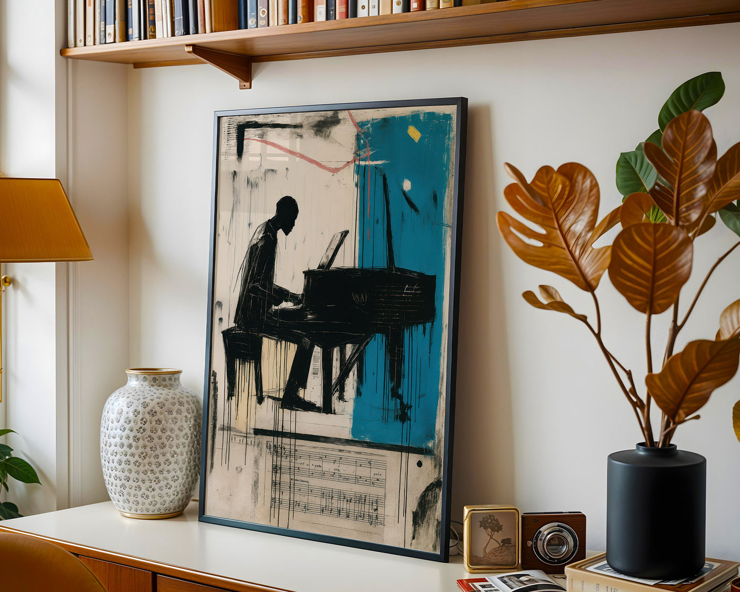 Framed artwork of a person playing a piano on a shelf with decorative items.