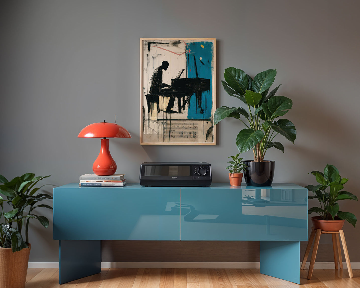 Modern living room with a blue console table, red lamp, and framed artwork.
