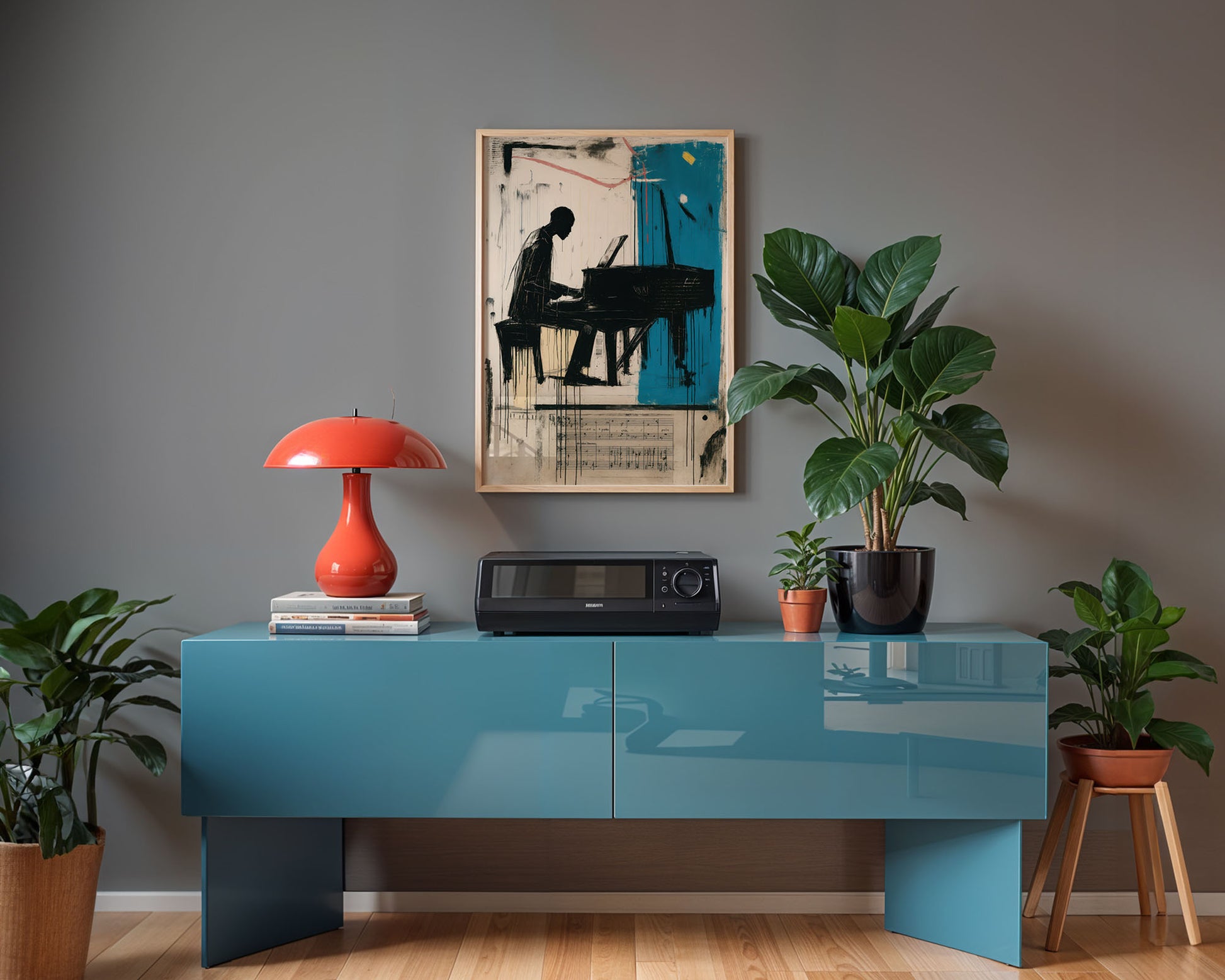 Modern living room with a blue console table, red lamp, and framed artwork.