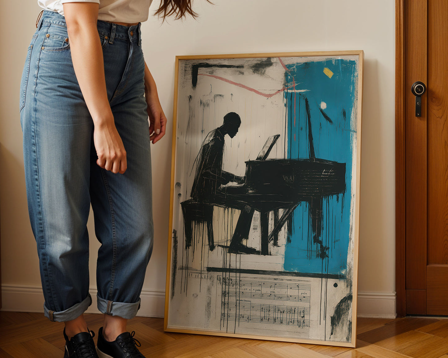 Person standing next to a framed artwork of a person playing a piano.