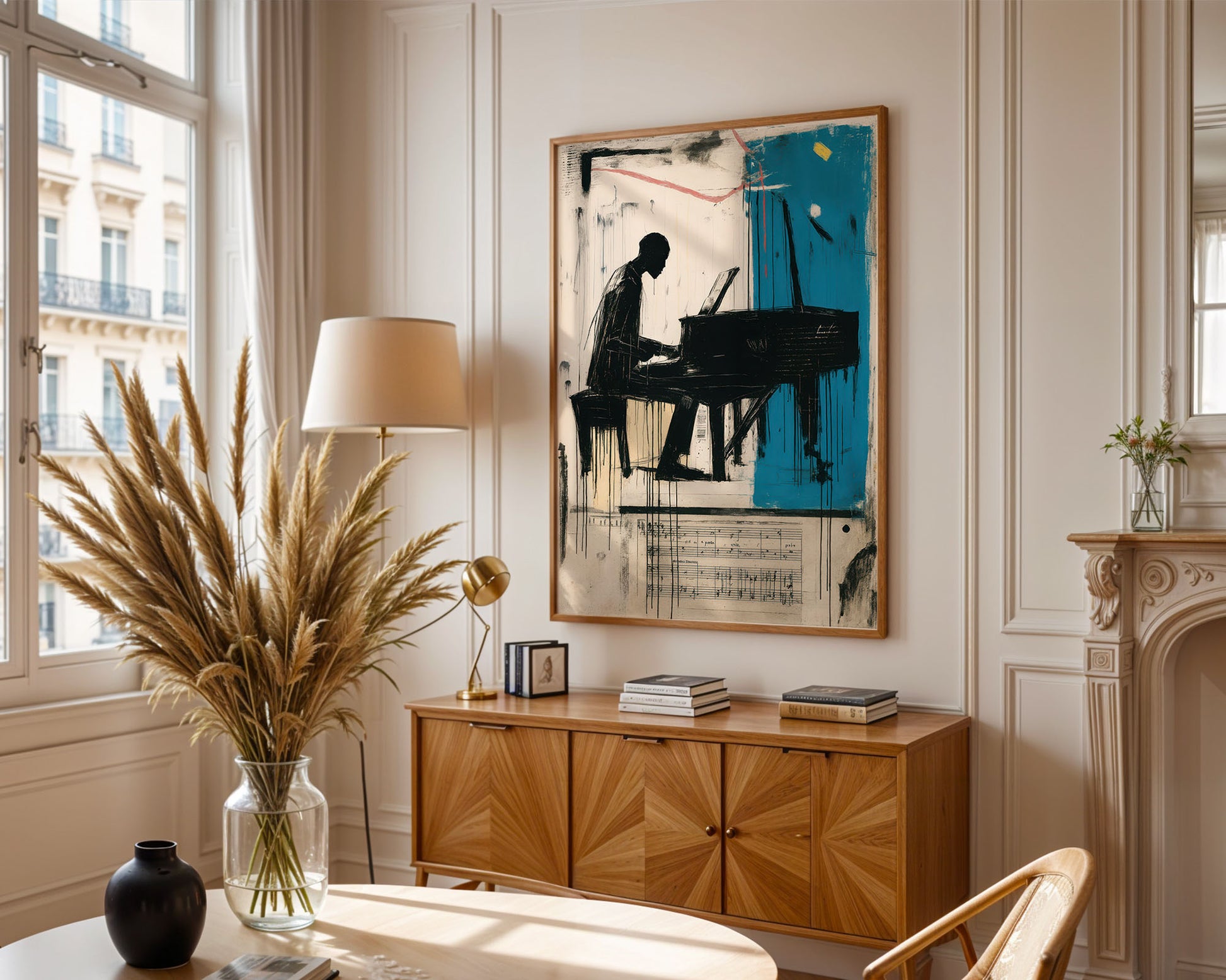 Living room with wooden cabinet, abstract art, and decorative items.