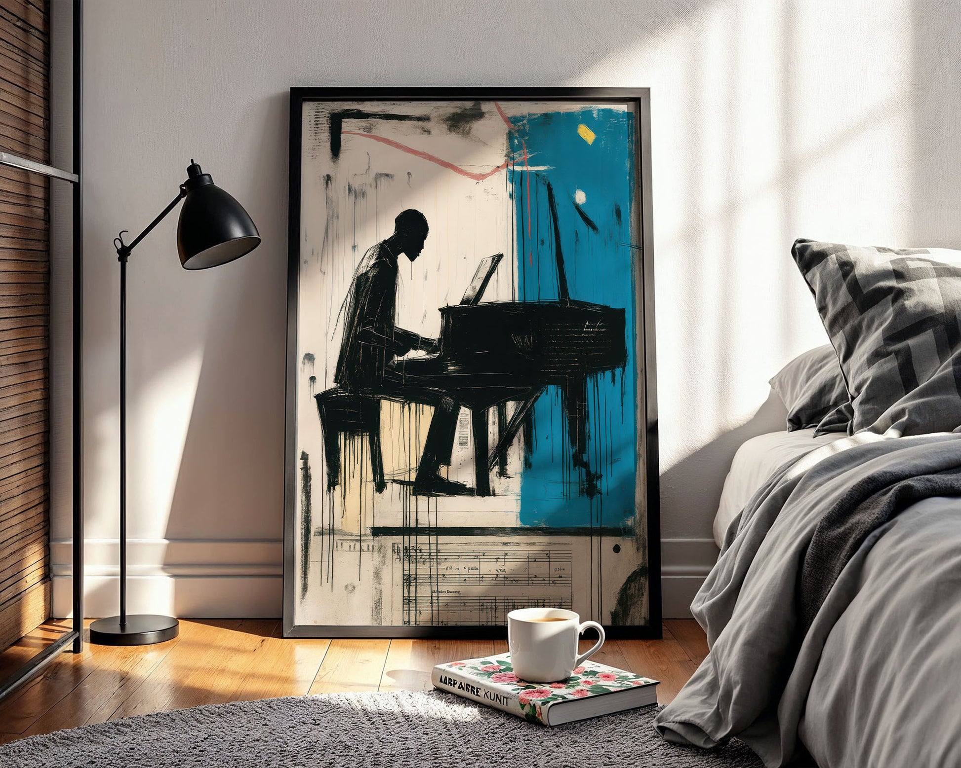 Modern bedroom with abstract art of a person playing a piano, a lamp, and a bed.