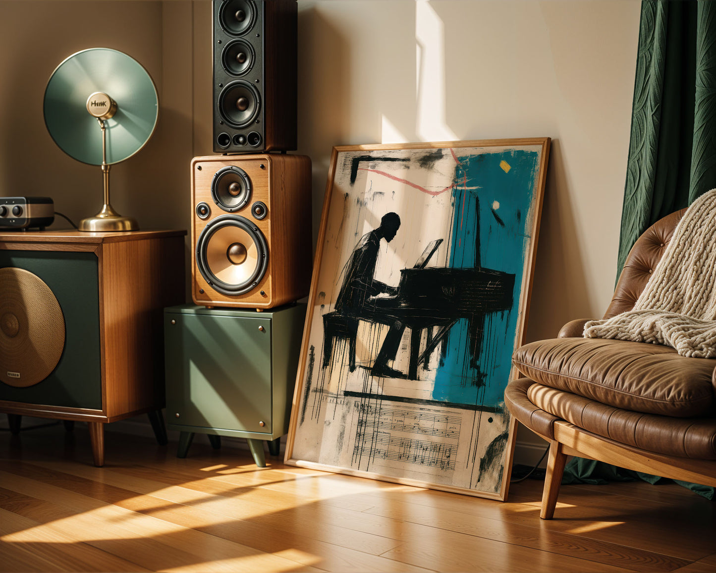 Room interior with speakers, a lamp, a painting of a person at a piano, and a brown chair.