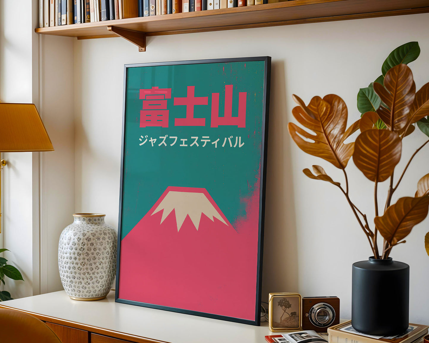Framed artwork with a mountain design and Japanese text on a shelf with books and decor.
