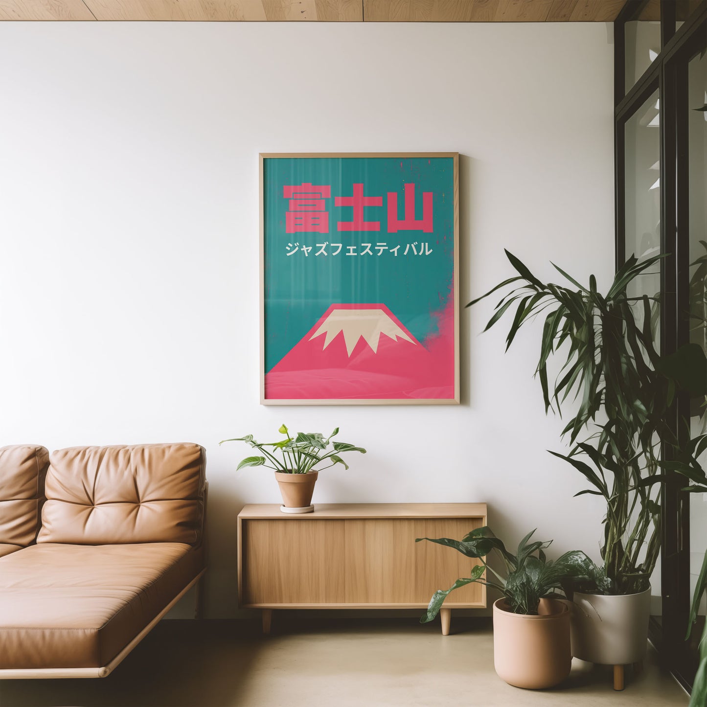 Modern living room with a framed poster of Mount Fuji, Mid-century modern poster styled in clean Scandinavian inspired living space