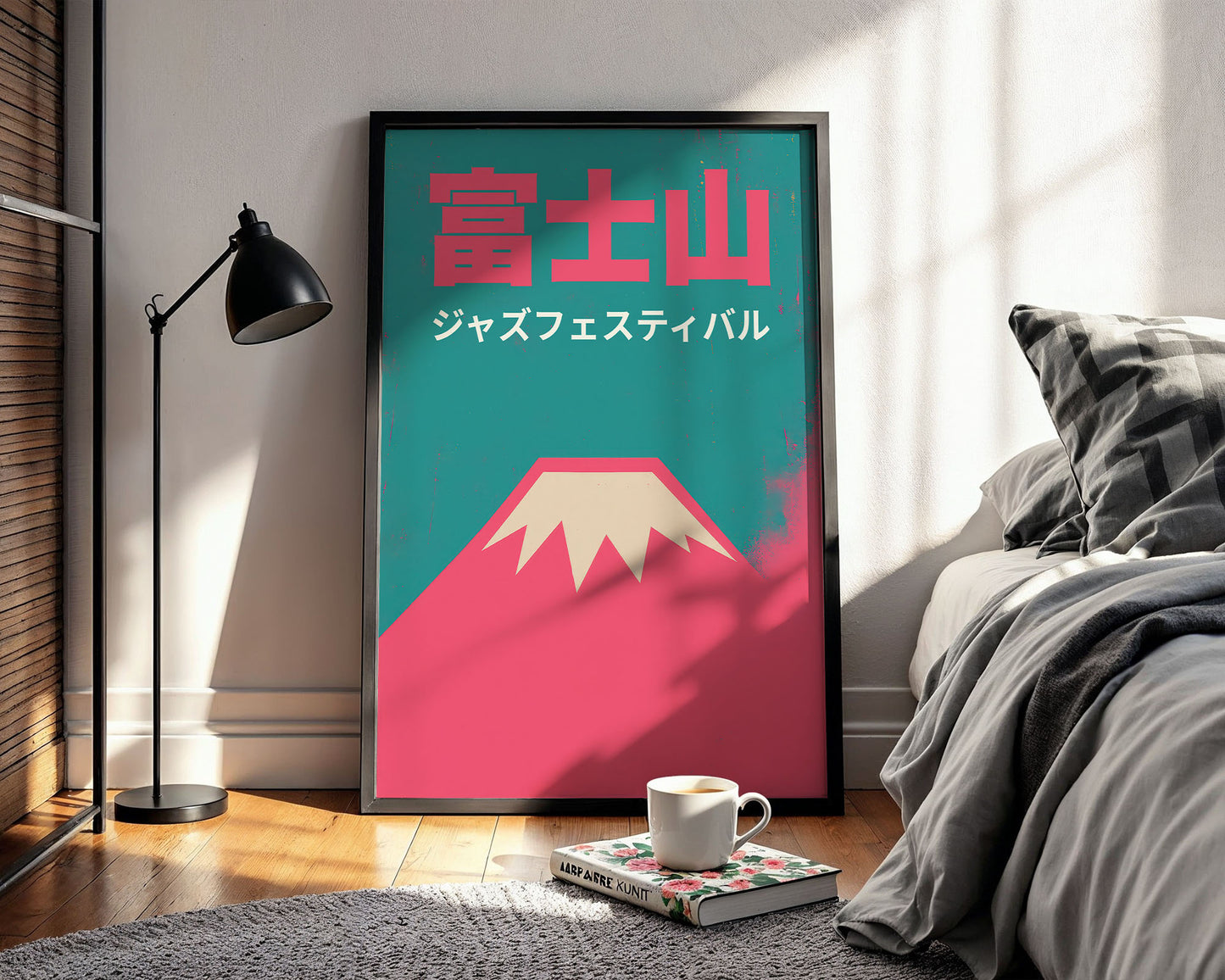 Colourful mid-century style poster adding bold accent to modern home interior