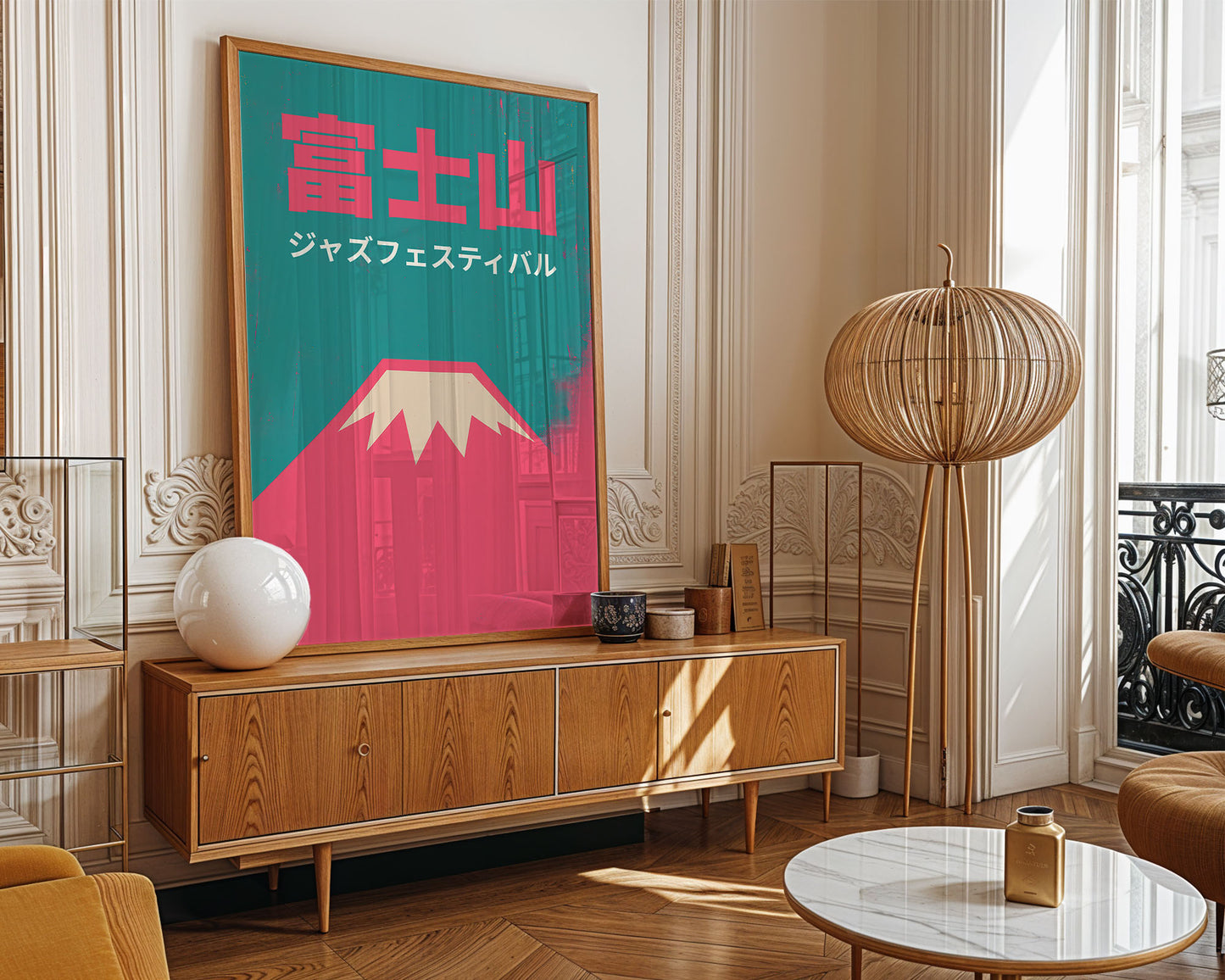 Modern living room with wooden sideboard, decorative lamp, and colorful artwork.
