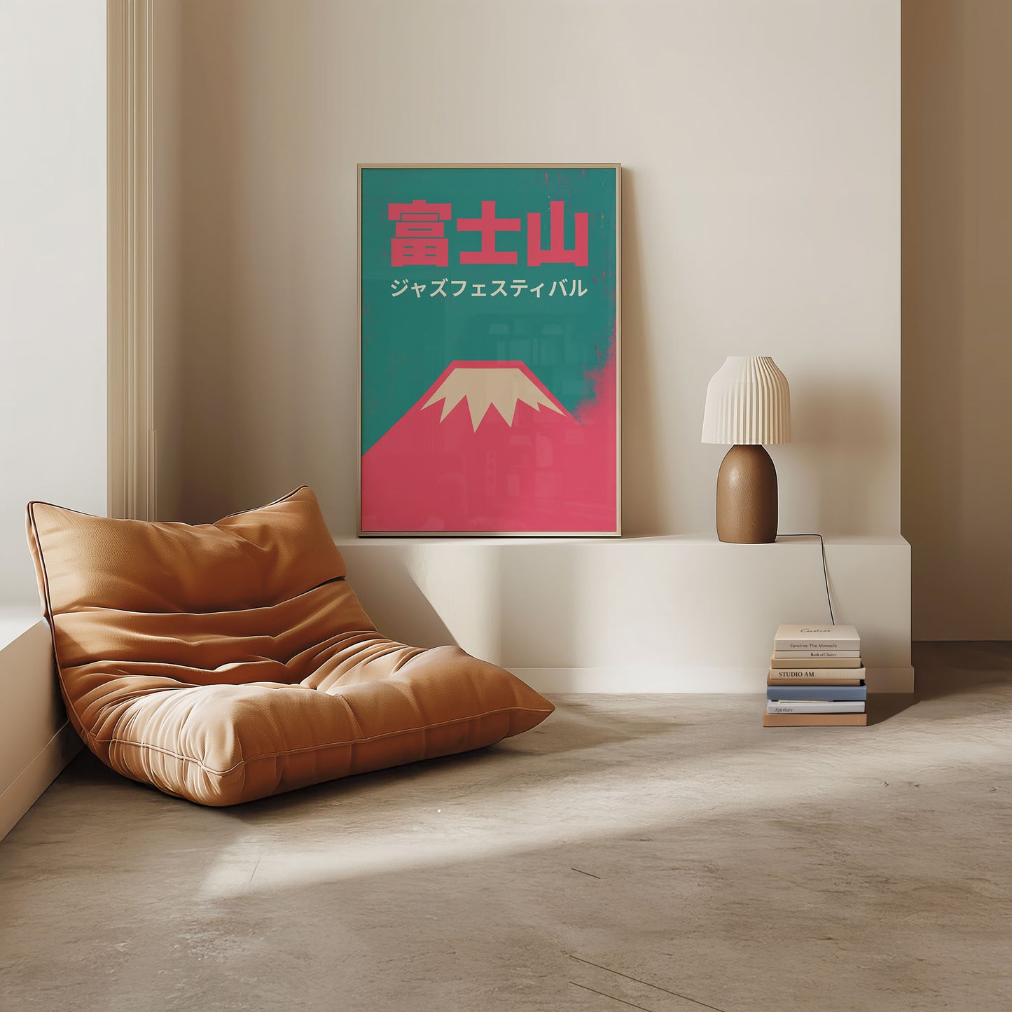 Modern interior with a brown cushion chair, lamp, and colorful poster on the wall.
