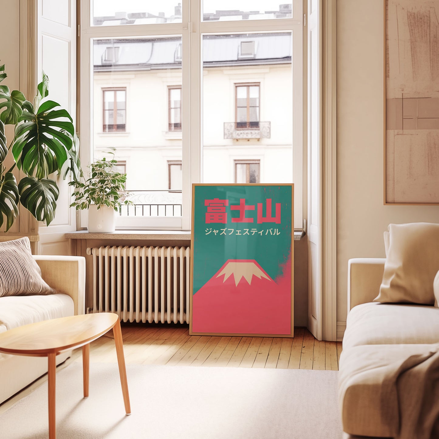 Modern living room with a decorative poster of Mount Fuji in a colorful frame.