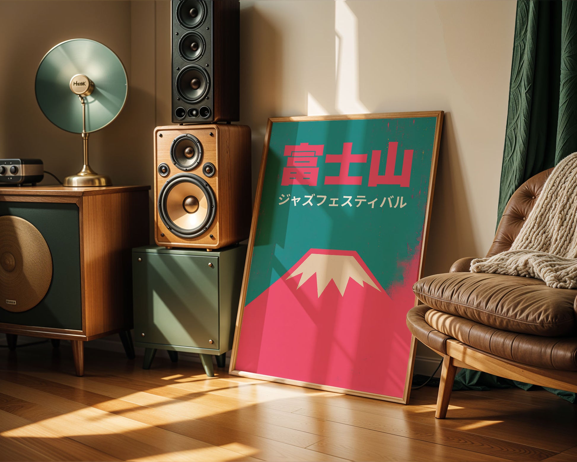 Room interior with wooden speakers, a lamp, and a colorful poster of Mount Fuji.