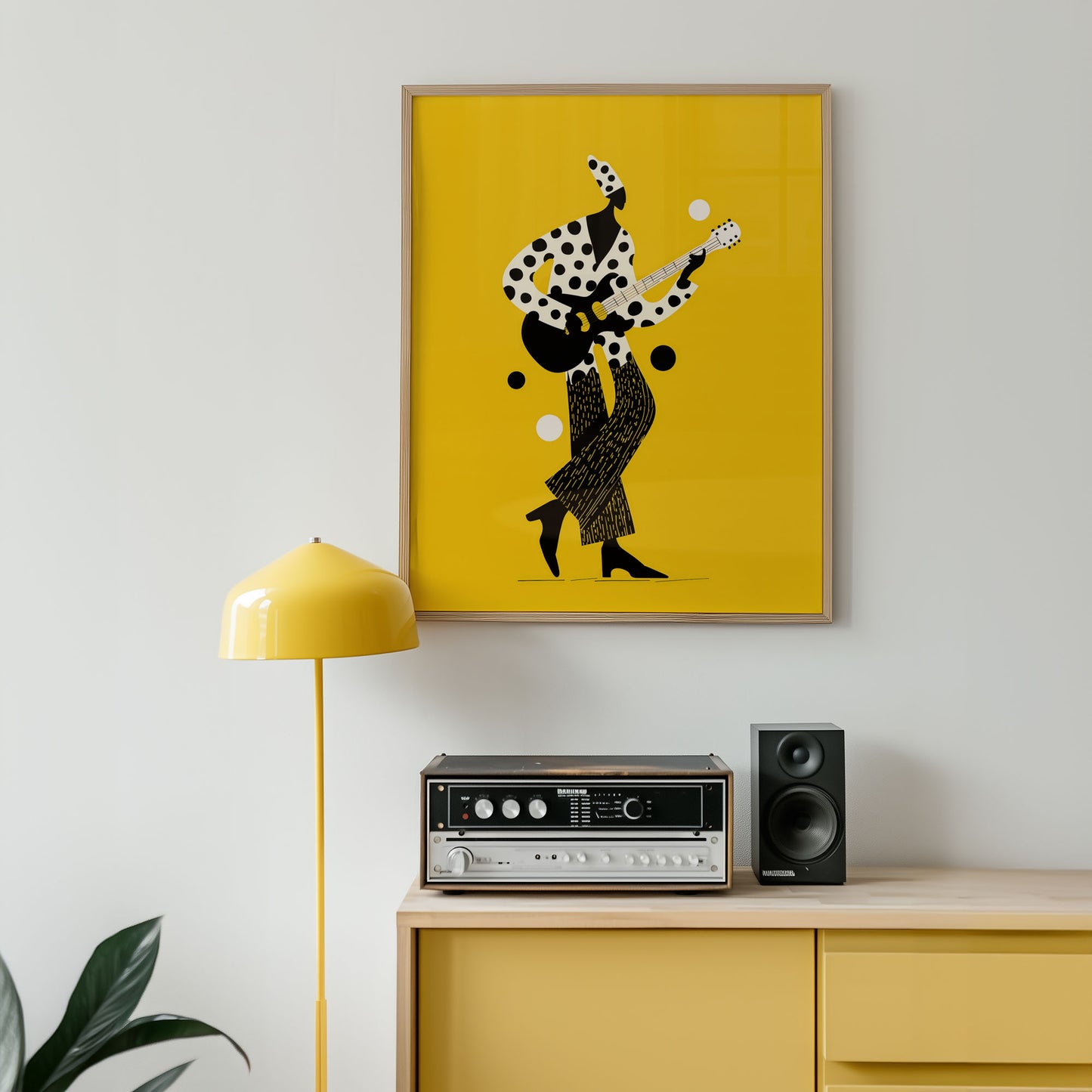Modern Mardi Gras jazz poster with stylised guitarist illustration on bright yellow background from Wallgarde
