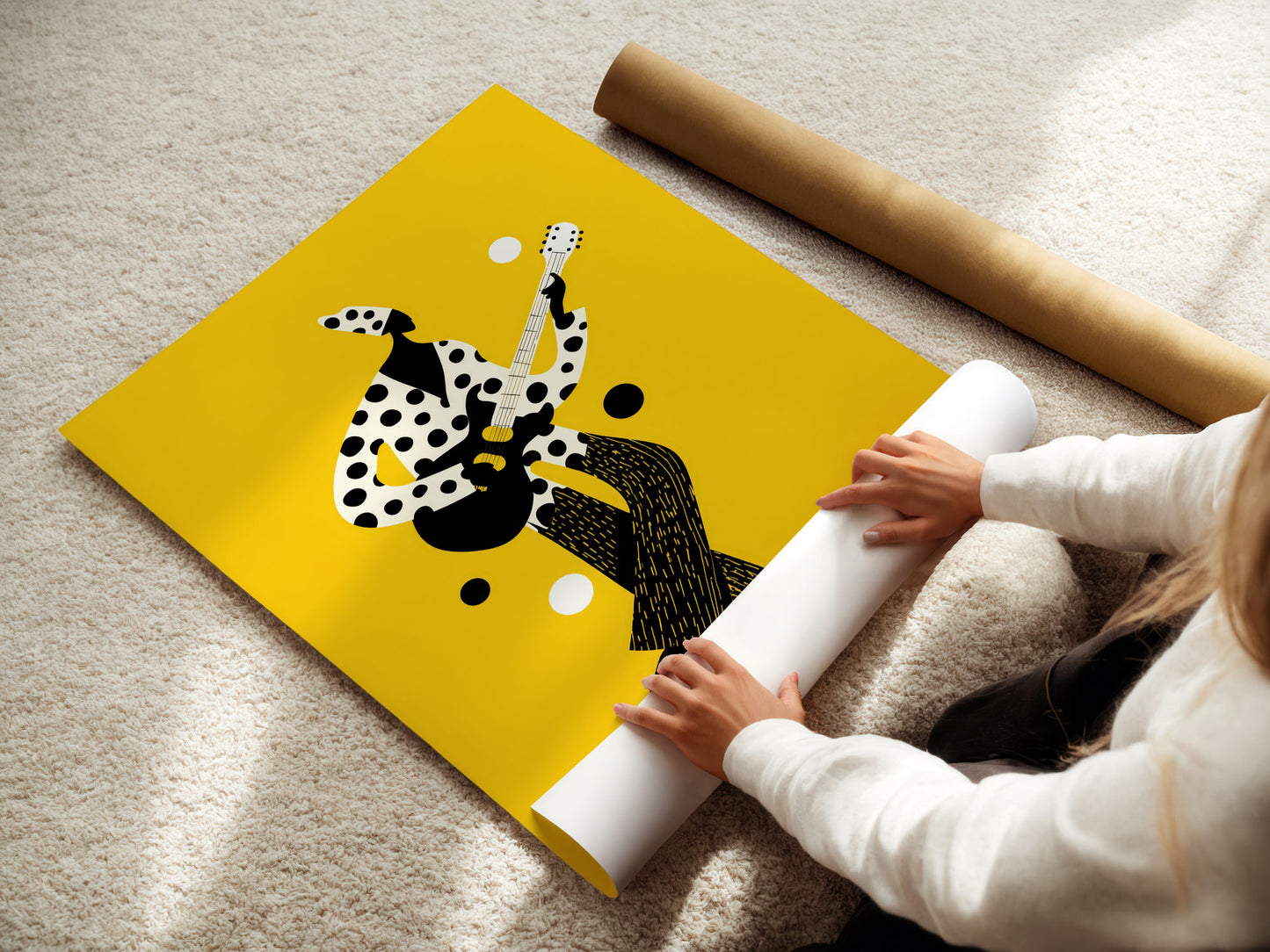 young Person unrolling a large yellow poster with a black and white dog design on a beige carpet.