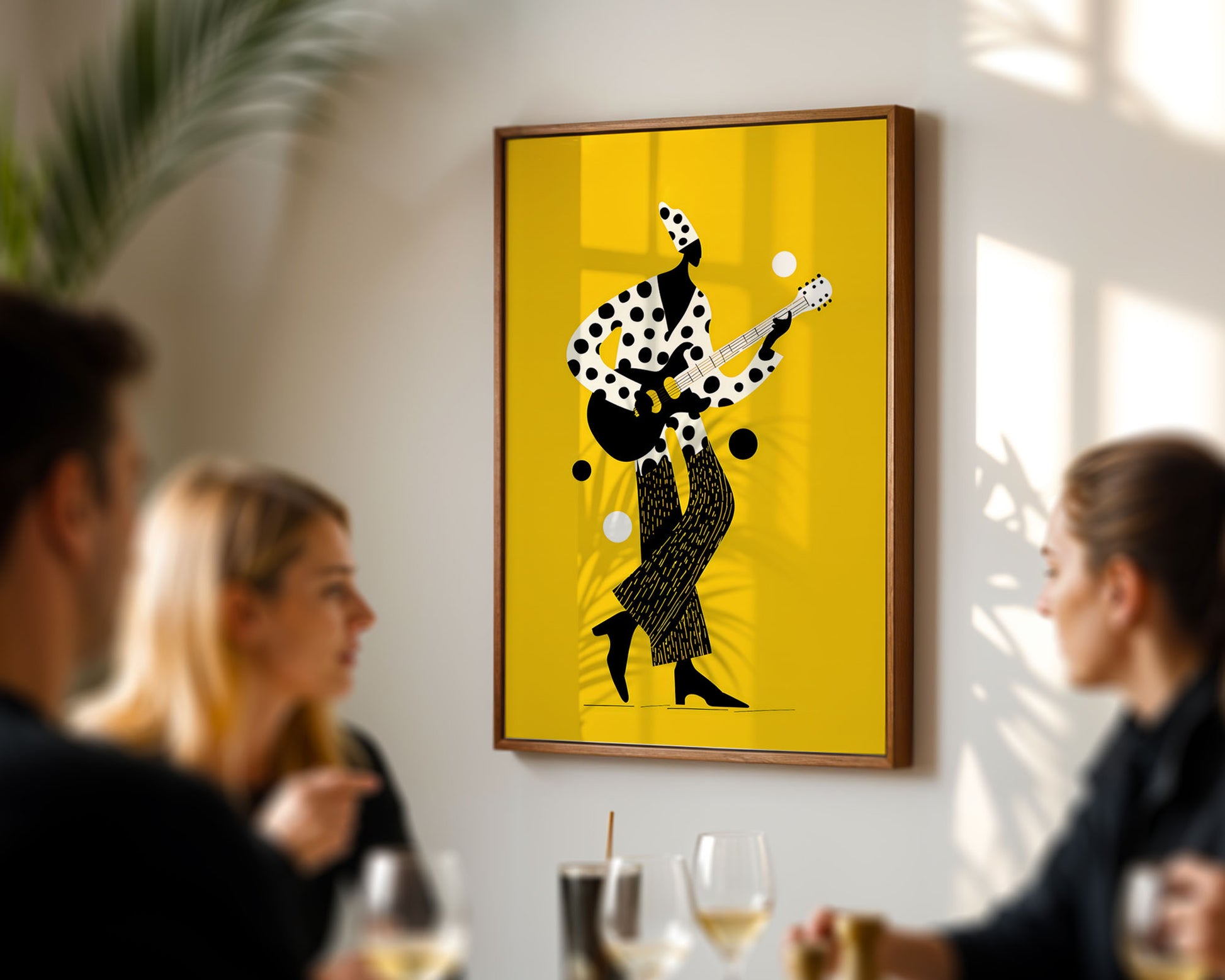 Yellow Mardi Gras jazz wall art featuring contemporary guitar player illustration in bold graphic style
