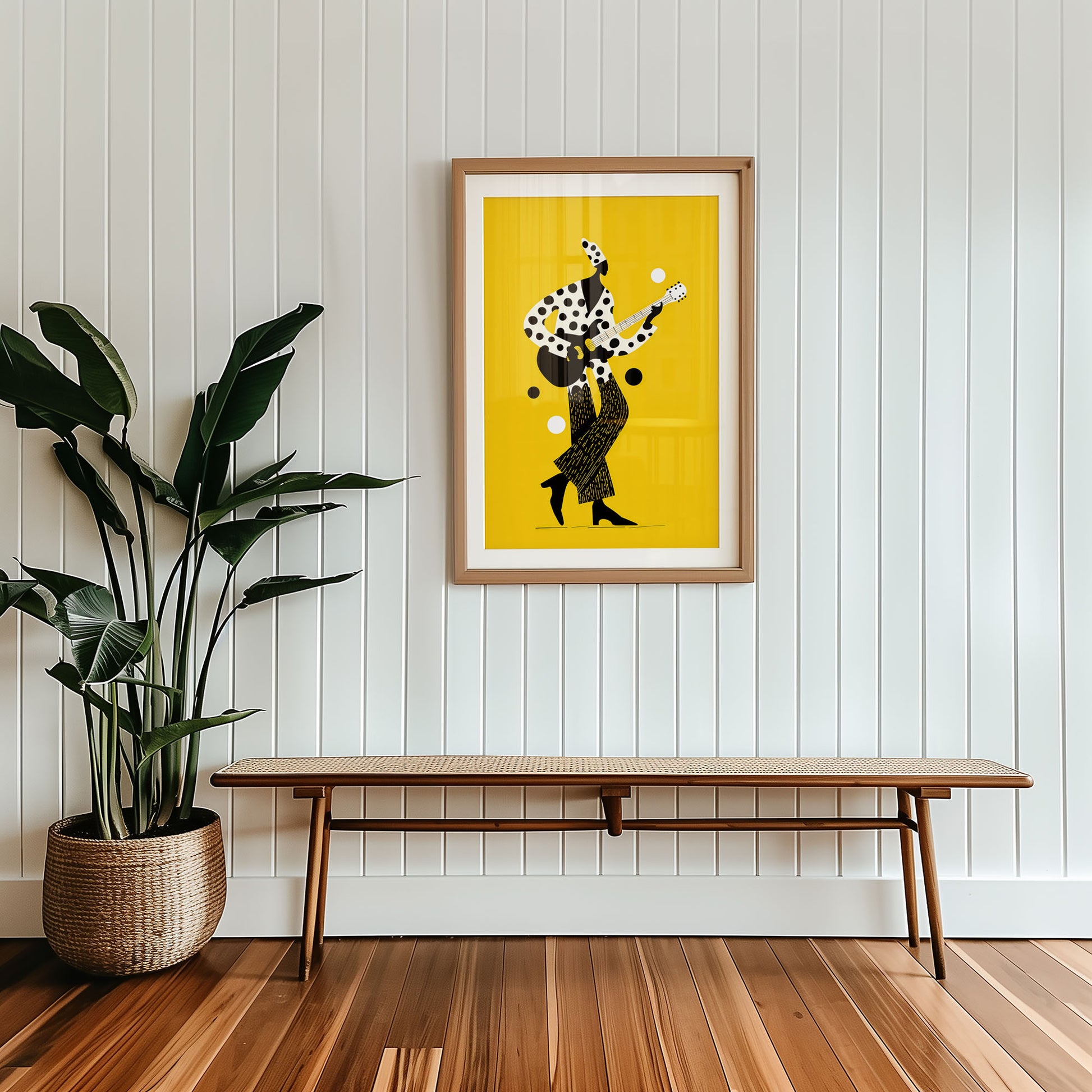 Framed mid-century style wall art print styled against minimalist interior wall