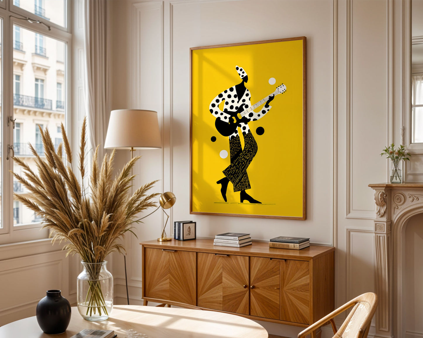 Living room with a yellow framed artwork of a person playing guitar, wooden cabinet, and decorative items.