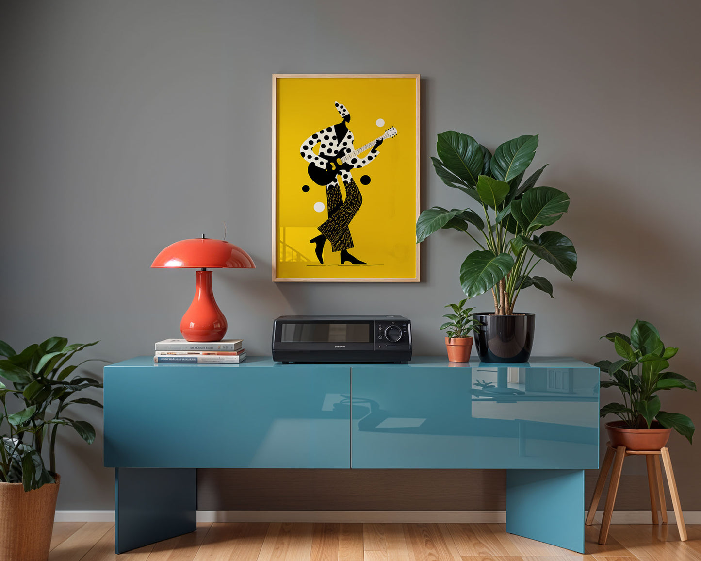 Mid-century inspired  Jazz art poster styled above hi-fi in modern home decor setting