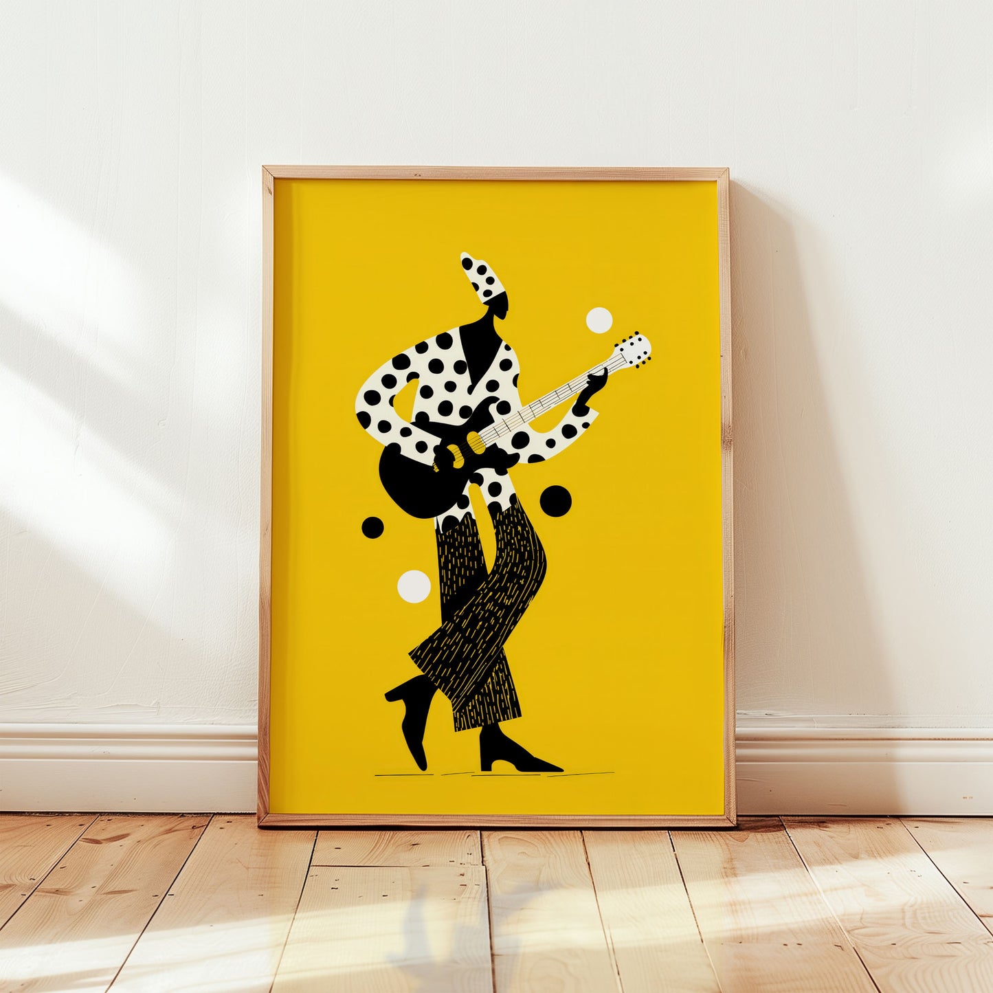 Mardi Gras jazz festival wall art print featuring modern graphic guitarist illustration in bold yellow from Wallgarde
