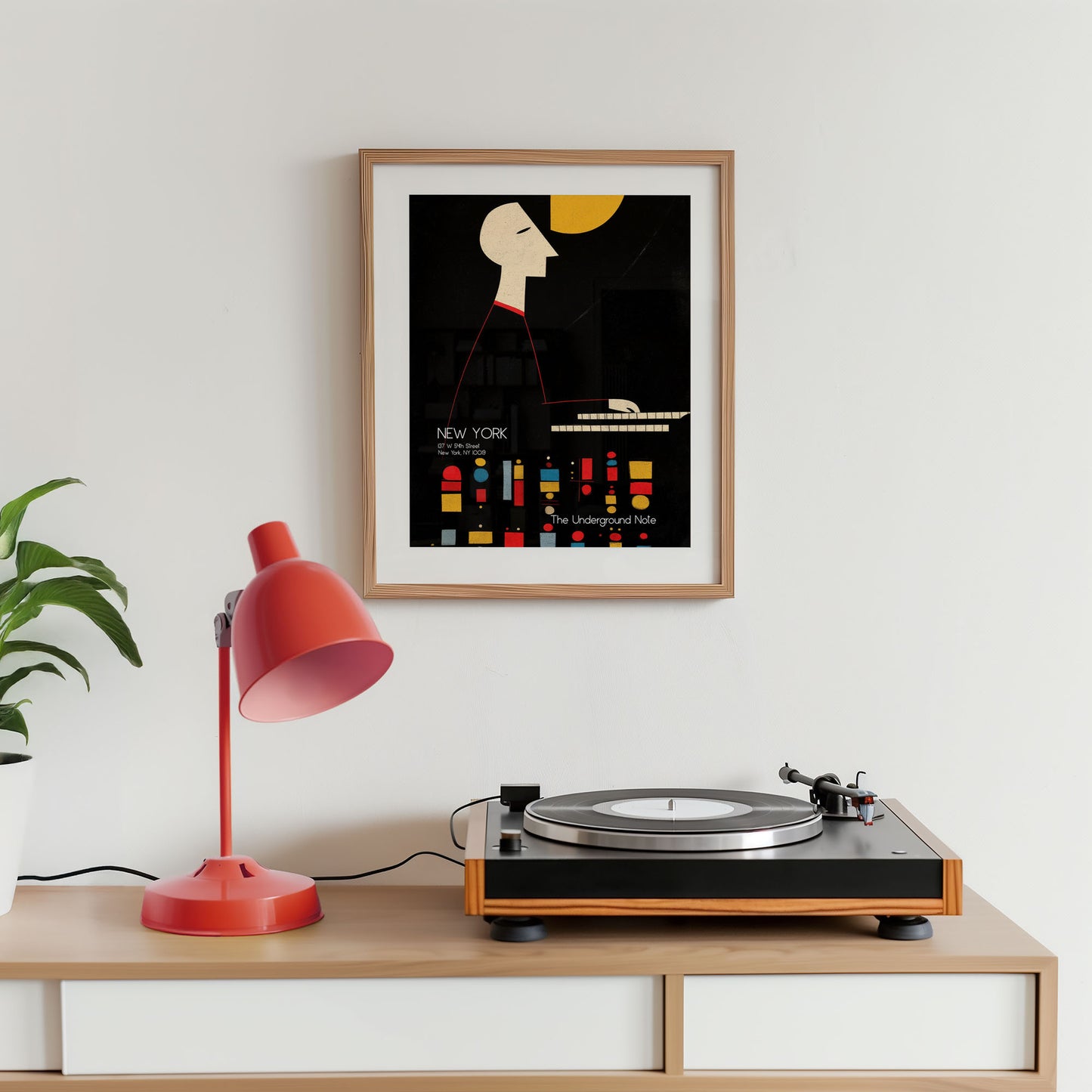 Mid-century modern poster styled in clean Scandinavian inspired living space