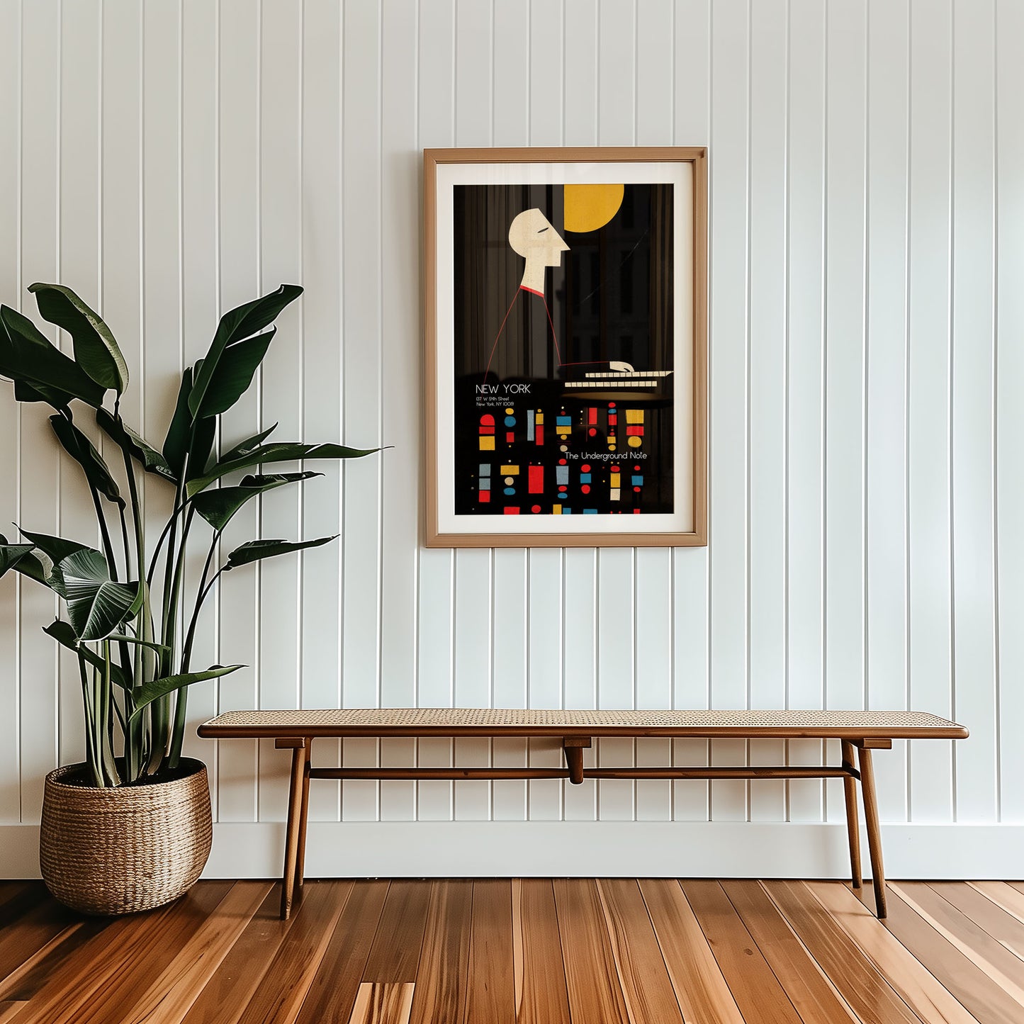 Framed artwork on a wall with a wooden bench and plant below.