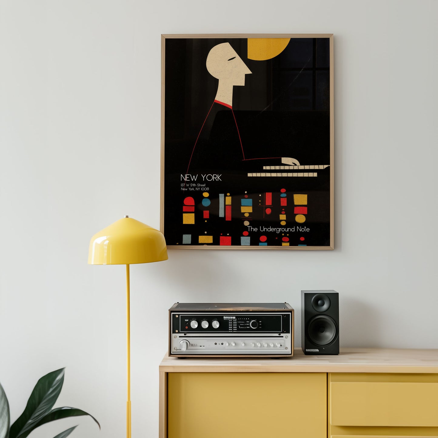 Mid-century modern wall art print featured in neutral interior design space