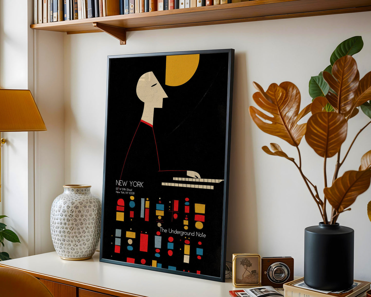 Mid-century inspired art poster styled above sofa in modern home decor setting