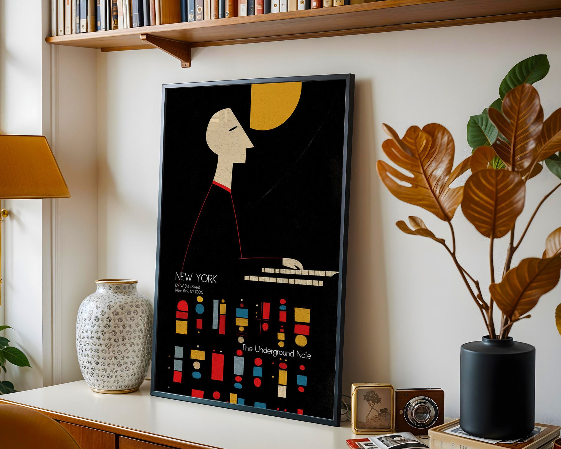 Mid-century inspired art poster styled above sofa in modern home decor setting