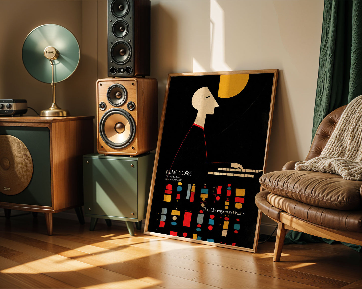 Living room with wooden speakers, a framed poster, and a brown leather chair.