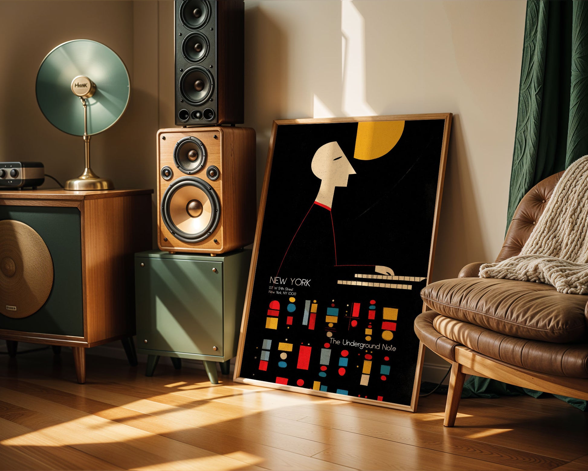 Living room with wooden speakers, a framed poster, and a brown leather chair.
