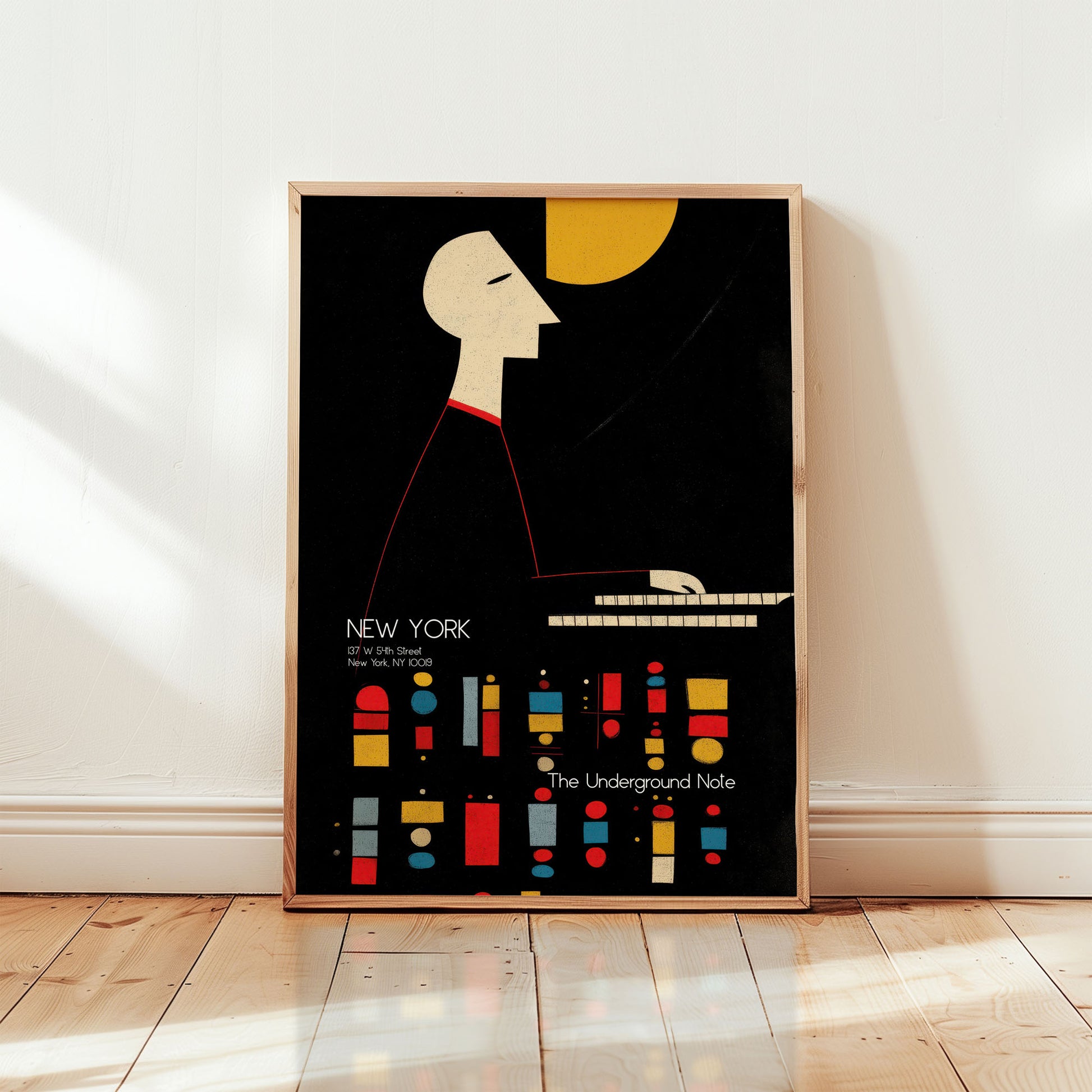 New York jazz piano wall art print featuring minimalist pianist at The Underground Note in mid-century modern style from Wallgarde
