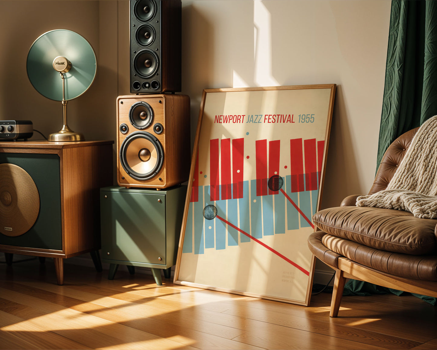 Room interior with vintage speakers, a lamp, and a poster of the Newport Jazz Festival 1956.