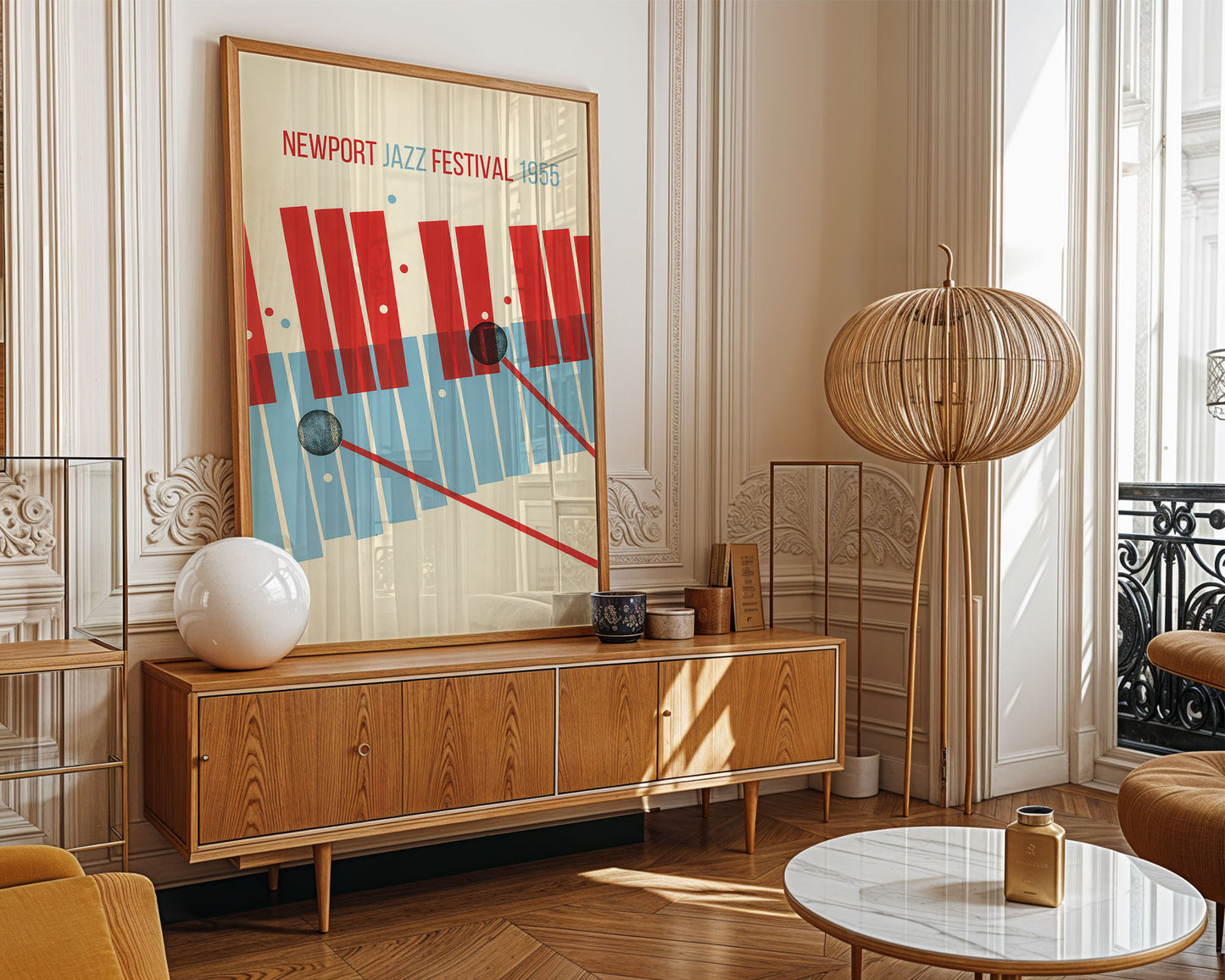 Living room with wooden sideboard, abstract jazz art, and modern decor