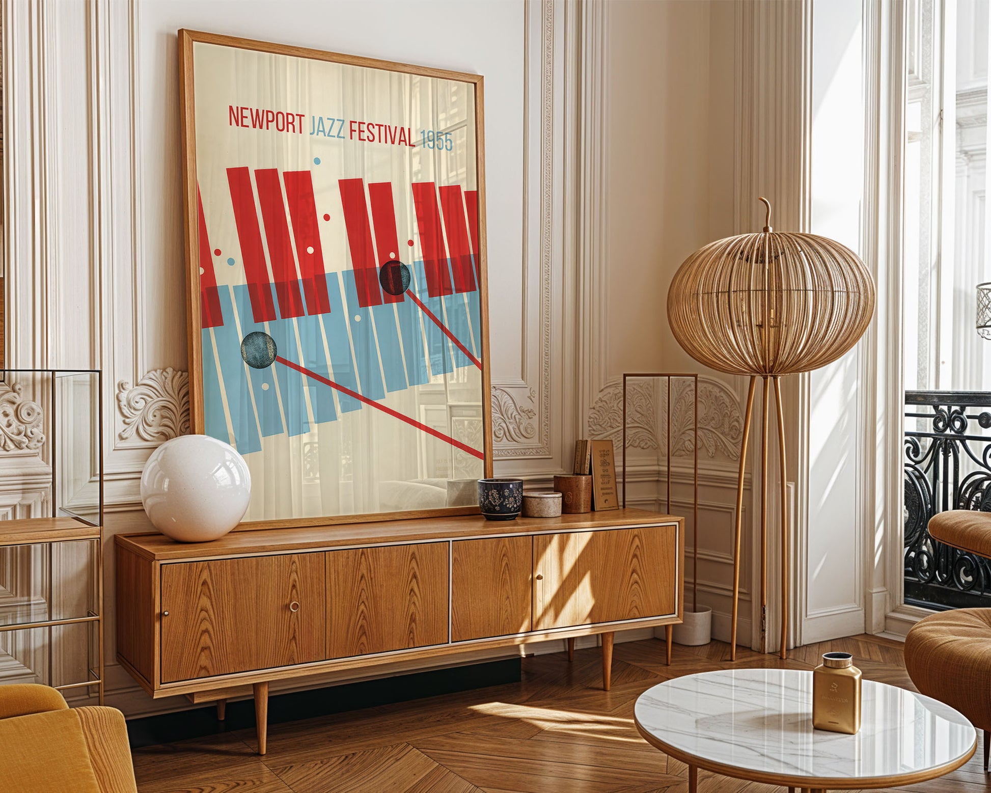 Living room with wooden sideboard, abstract jazz art, and modern decor