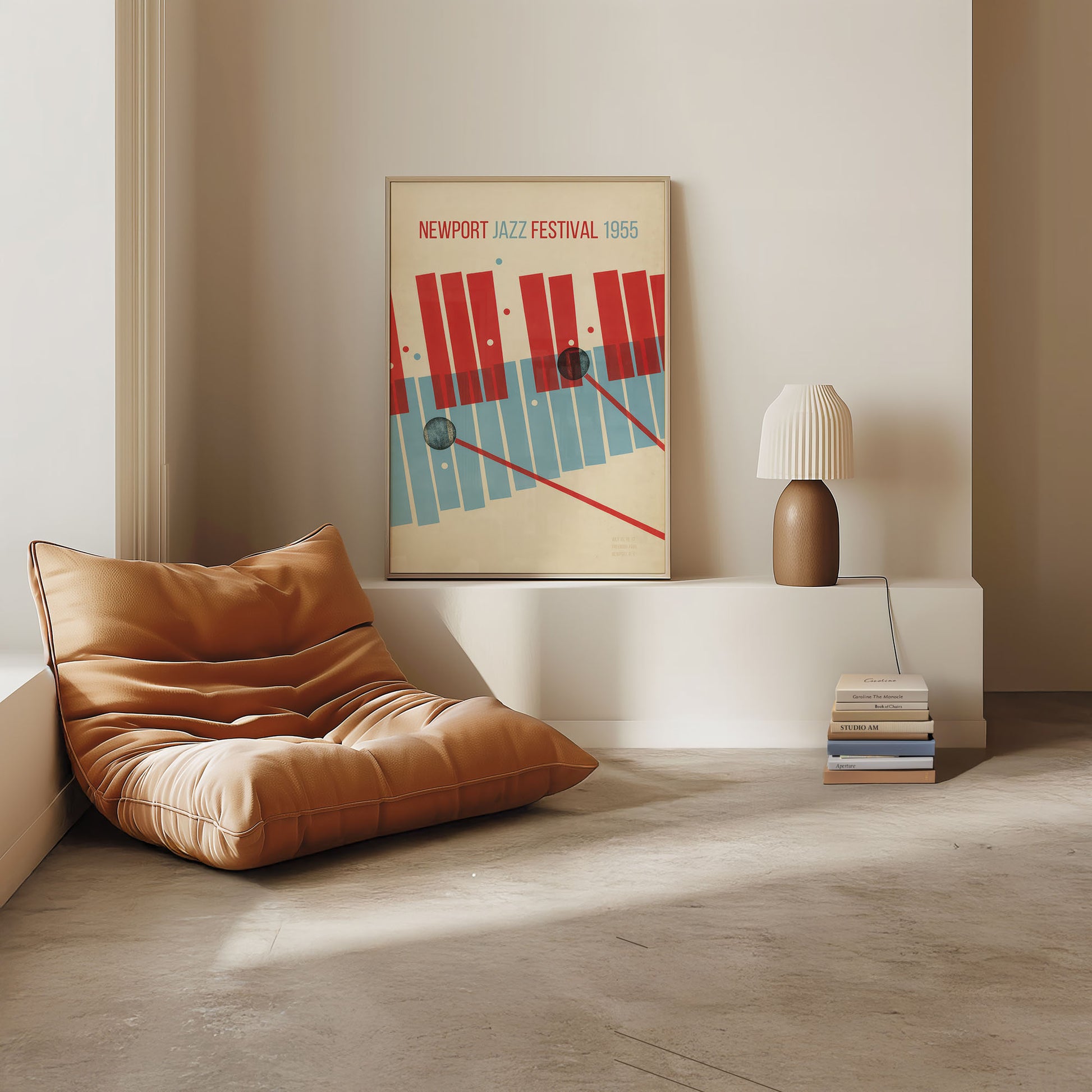 Modern living room with a brown leather chair, lamp, and framed Jazz poster on the wall.