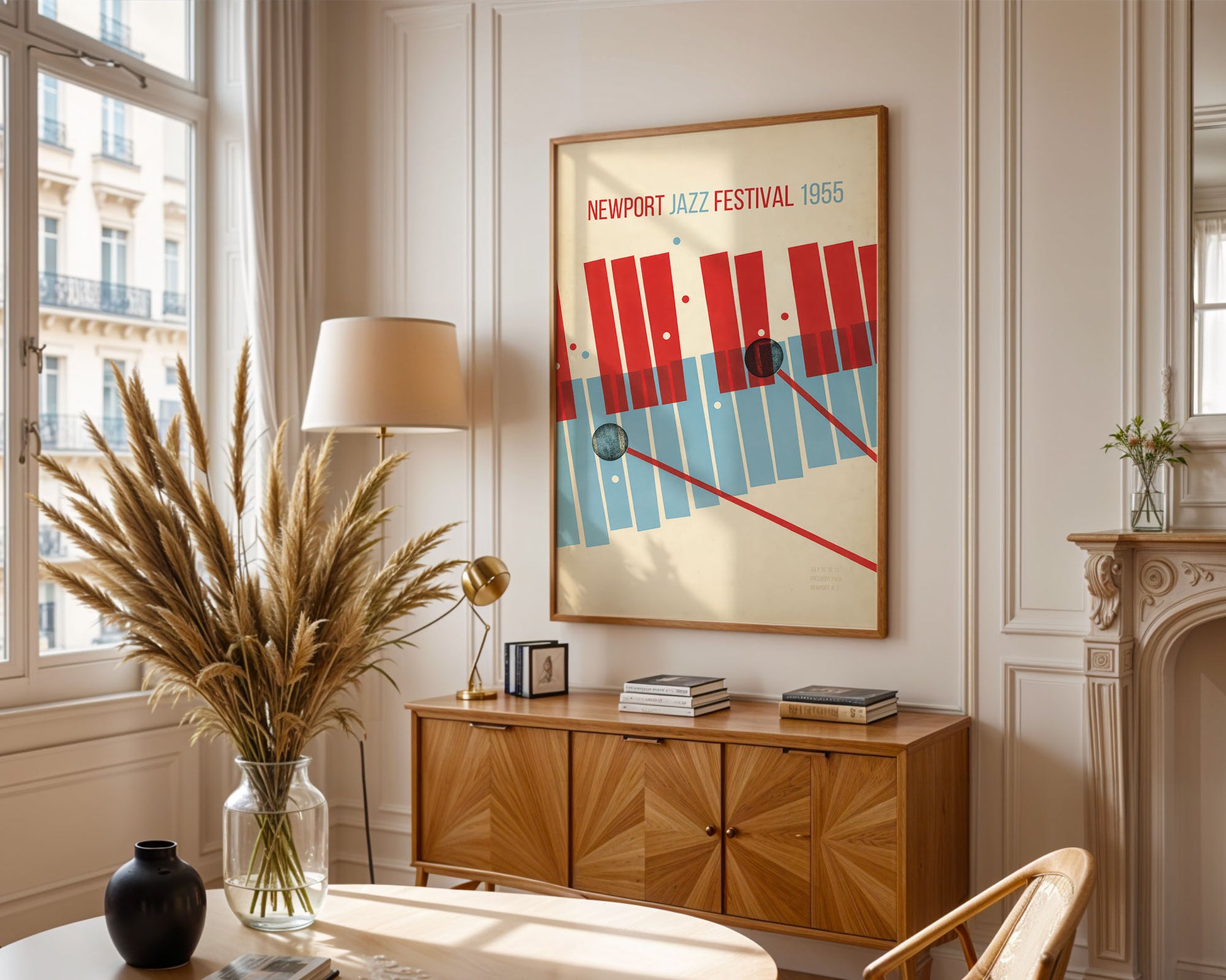 Living room with wooden cabinet, lamp, and framed Jazz poster on wall