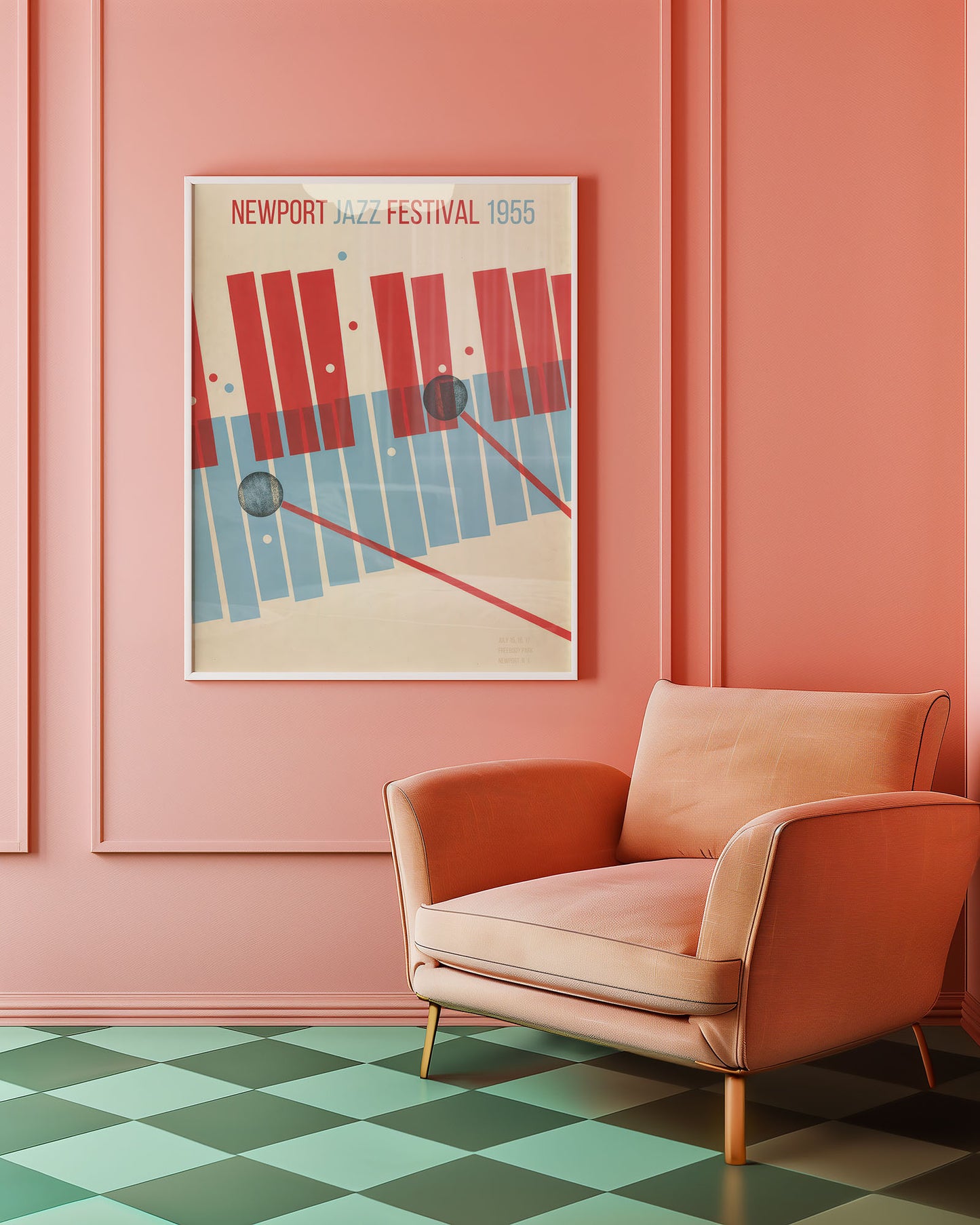 Poster of Newport Jazz Festival 1965 on a pink wall above a peach armchair with a green and blue checkered floor.