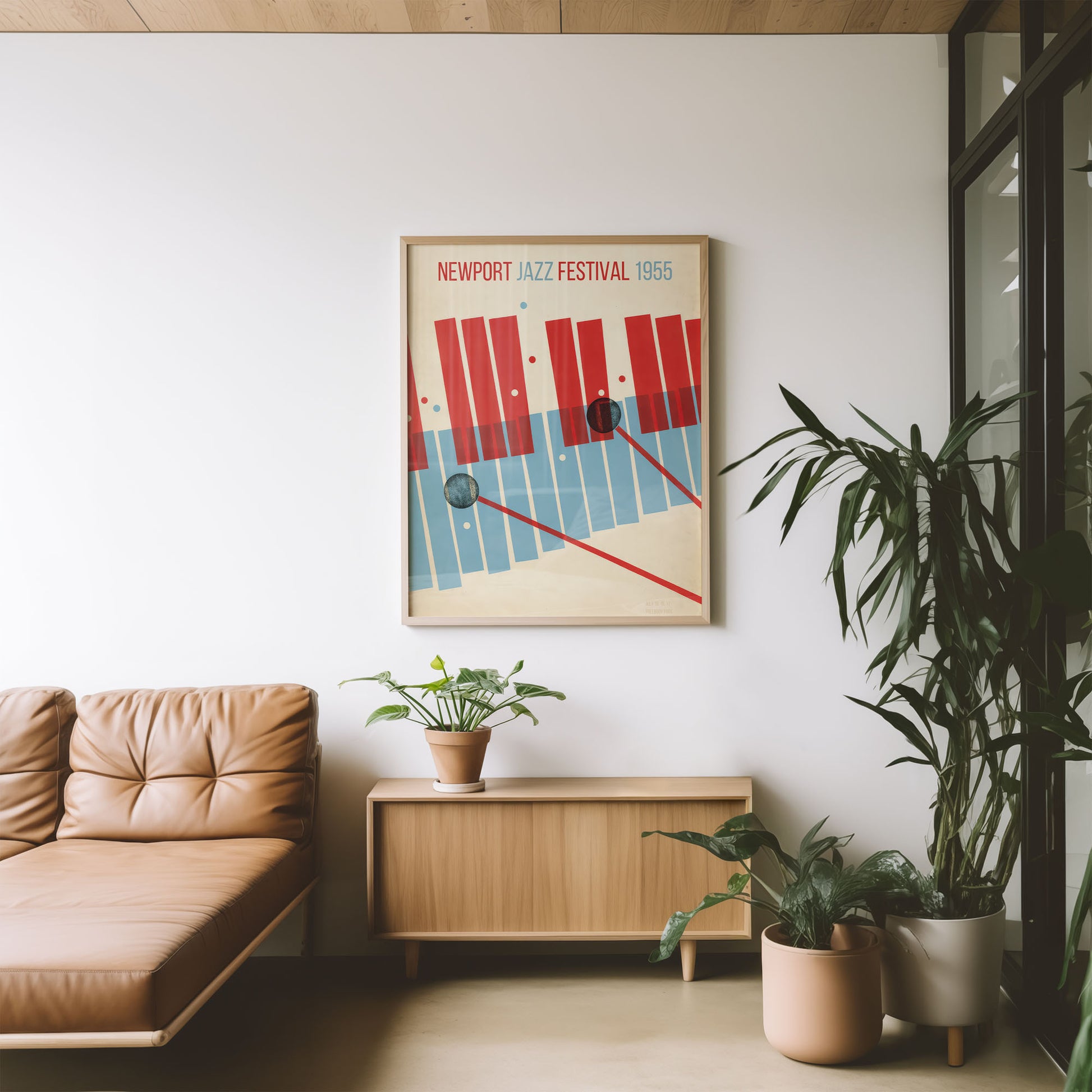Mid-century modern poster styled in clean Scandinavian inspired living space