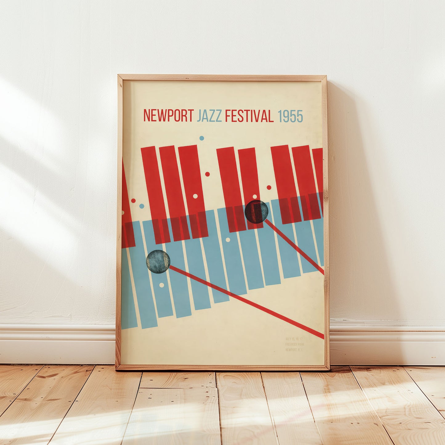 Newport Jazz Festival 1955 poster featuring abstract red and blue piano key design in mid-century modern style from Wallgarde
