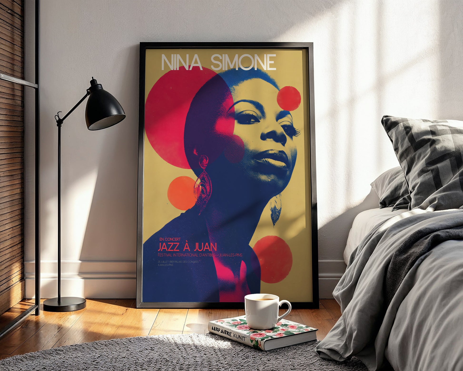 Mid-century modern poster styled in clean Scandinavian inspired in a bedroom with a lamp and bed.