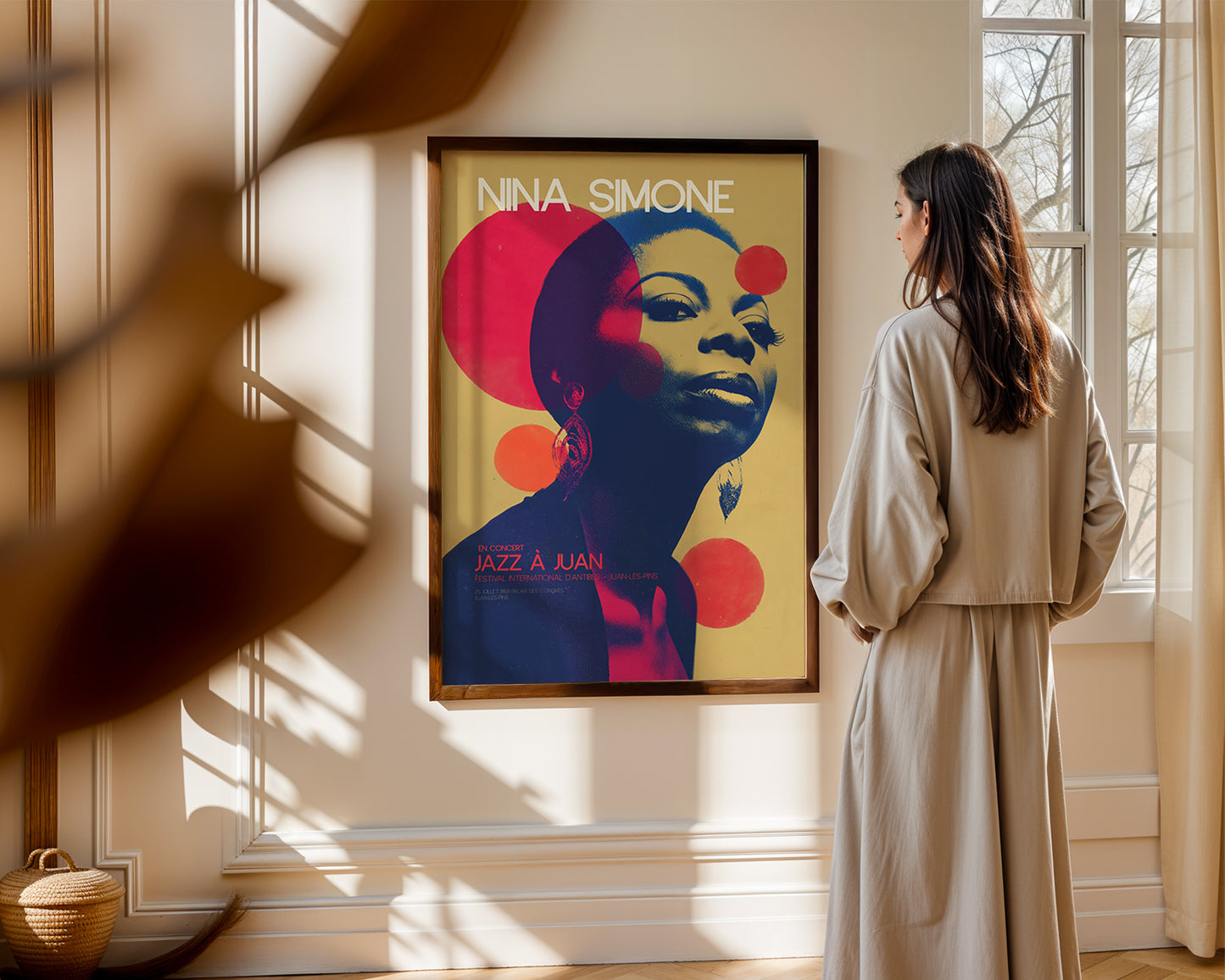 Mid-century modern wall art print featured in neutral interior design space