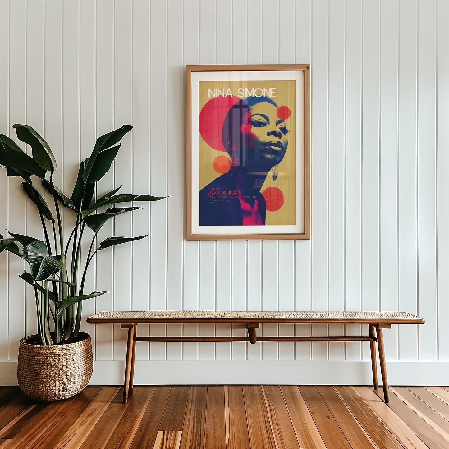 Mid-century modern poster styled in clean Scandinavian inspired on a wall with a wooden bench and plant below.