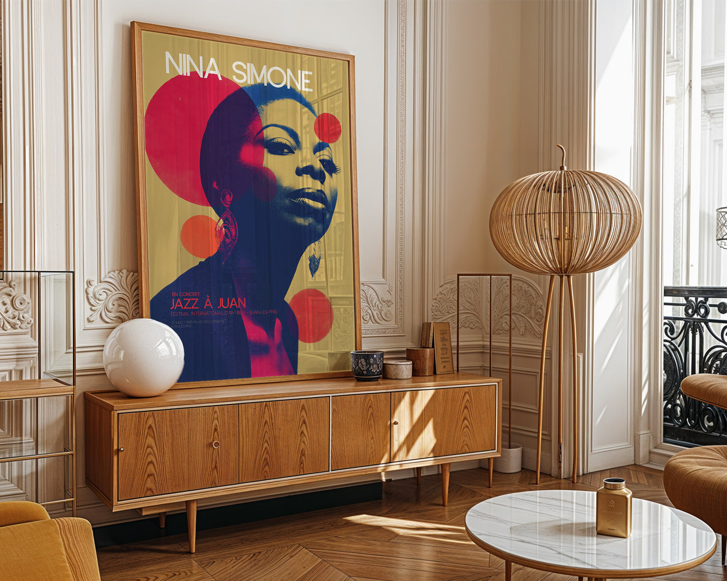Mid-century modern poster wall art displayed in contemporary living room interior