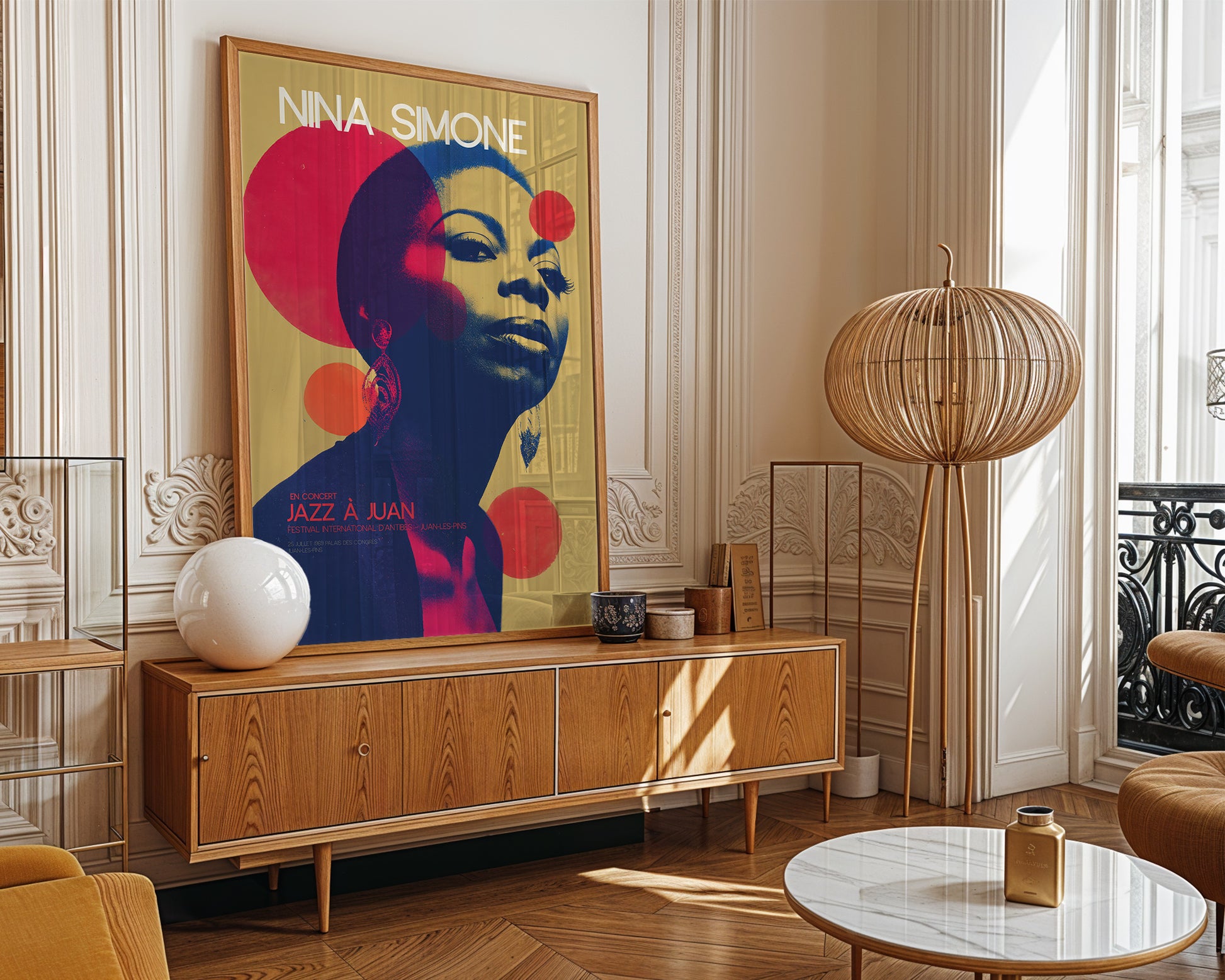 Mid-century modern poster wall art displayed in contemporary living room interior