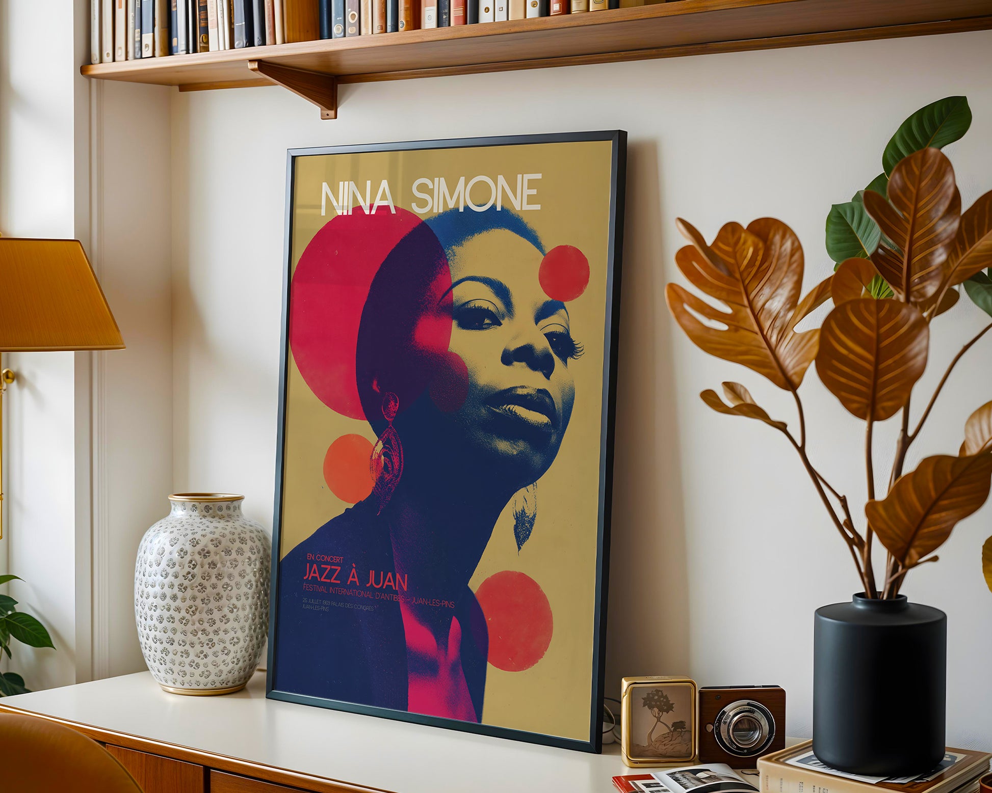 Colourful mid-century style poster adding bold accent to modern home interior