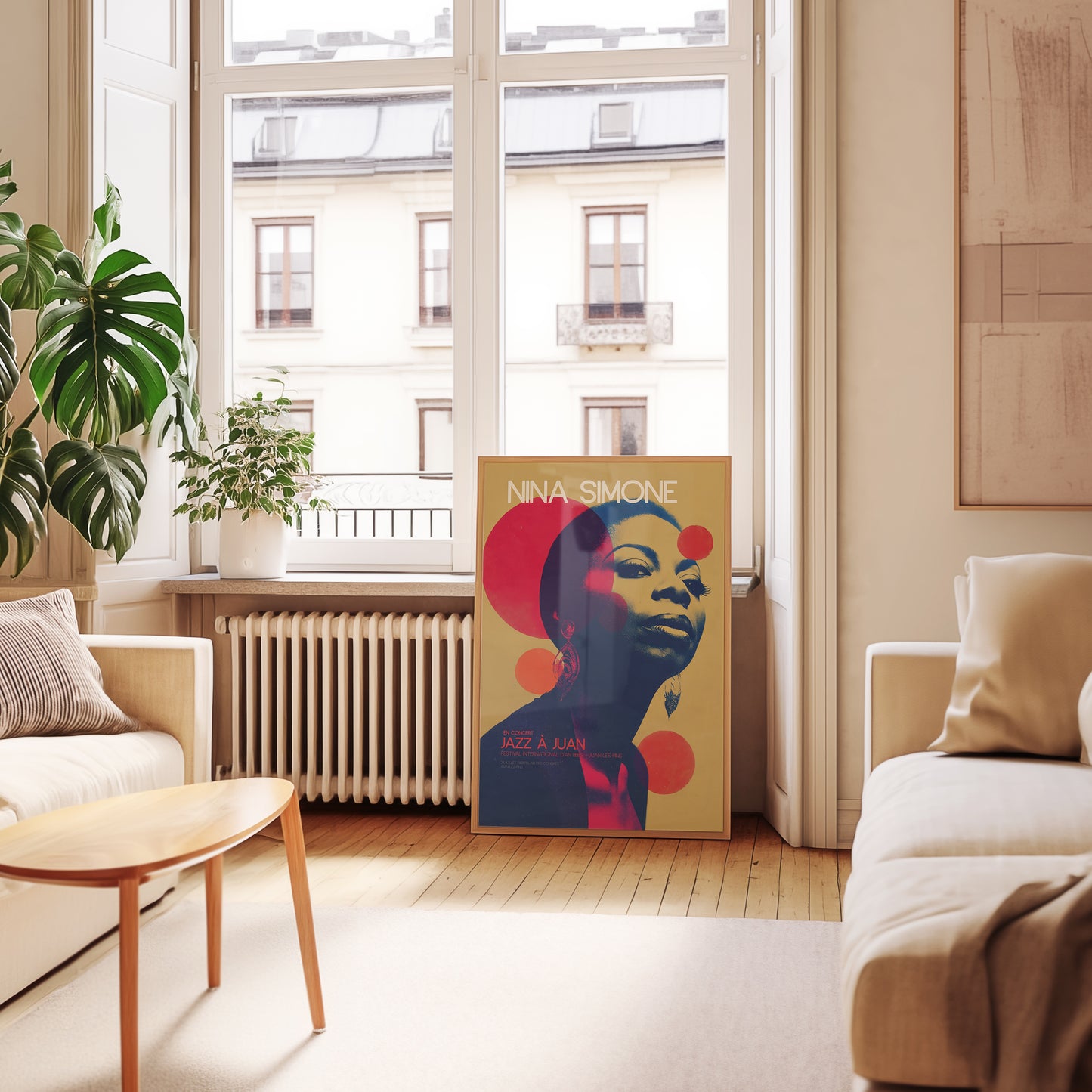 Mid-century inspired art poster styled above sofa in modern home decor setting