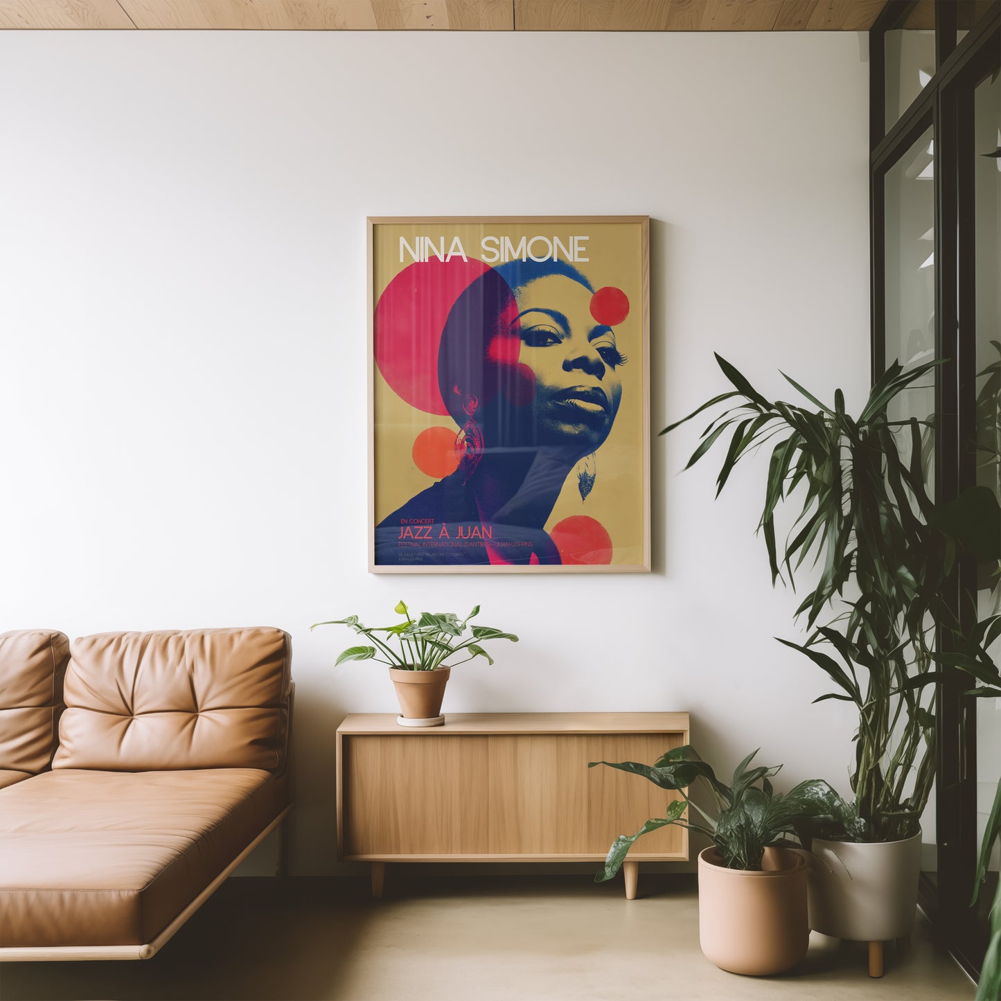 Colourful mid-century style poster adding bold accent to modern home interior