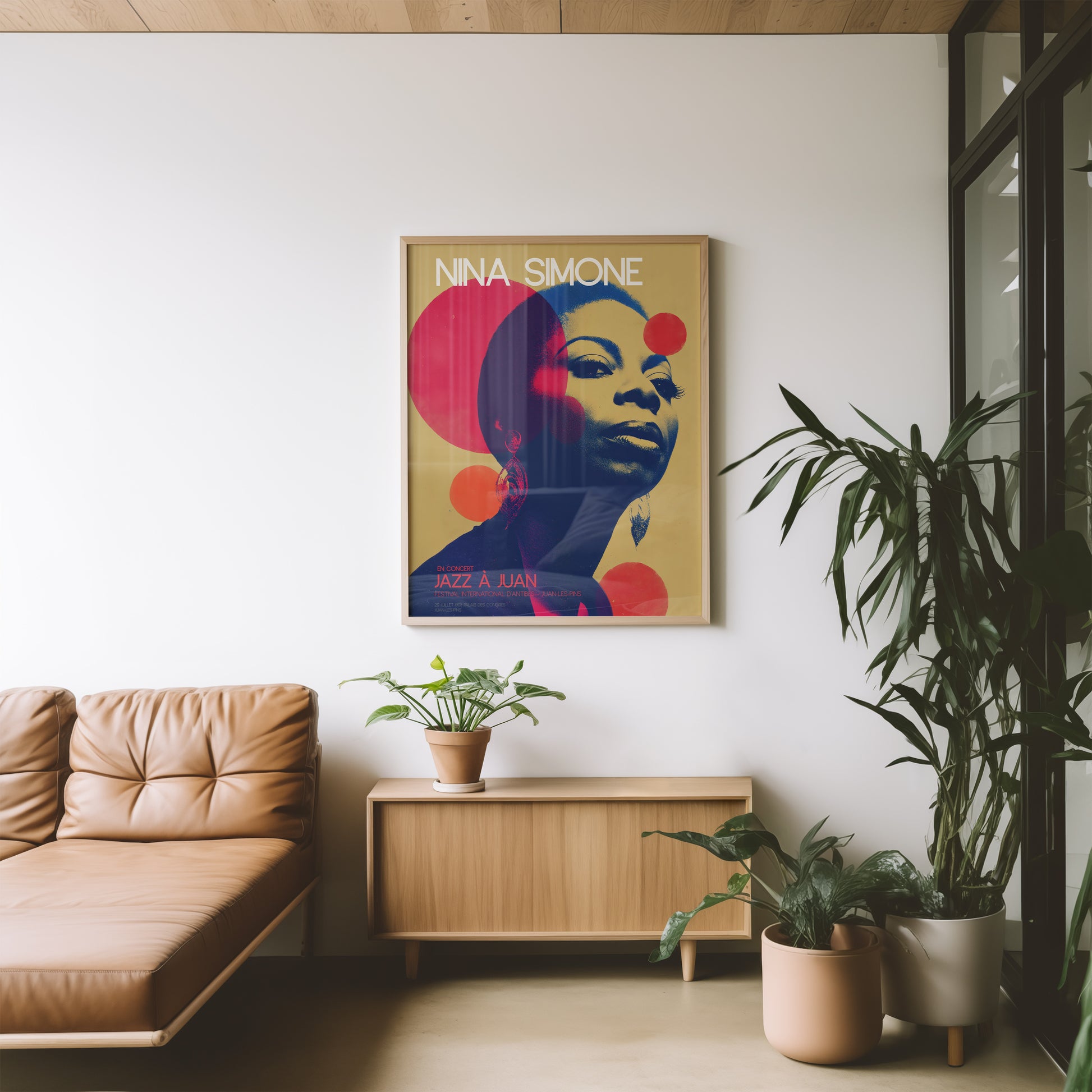 Colourful mid-century style poster adding bold accent to modern home interior