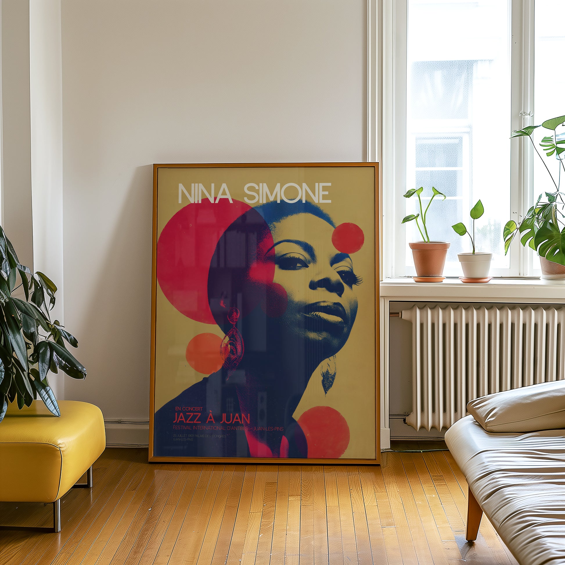 Framed poster of Nina Simone in a Mid-century modern , clean Scandinavian inspired living space
