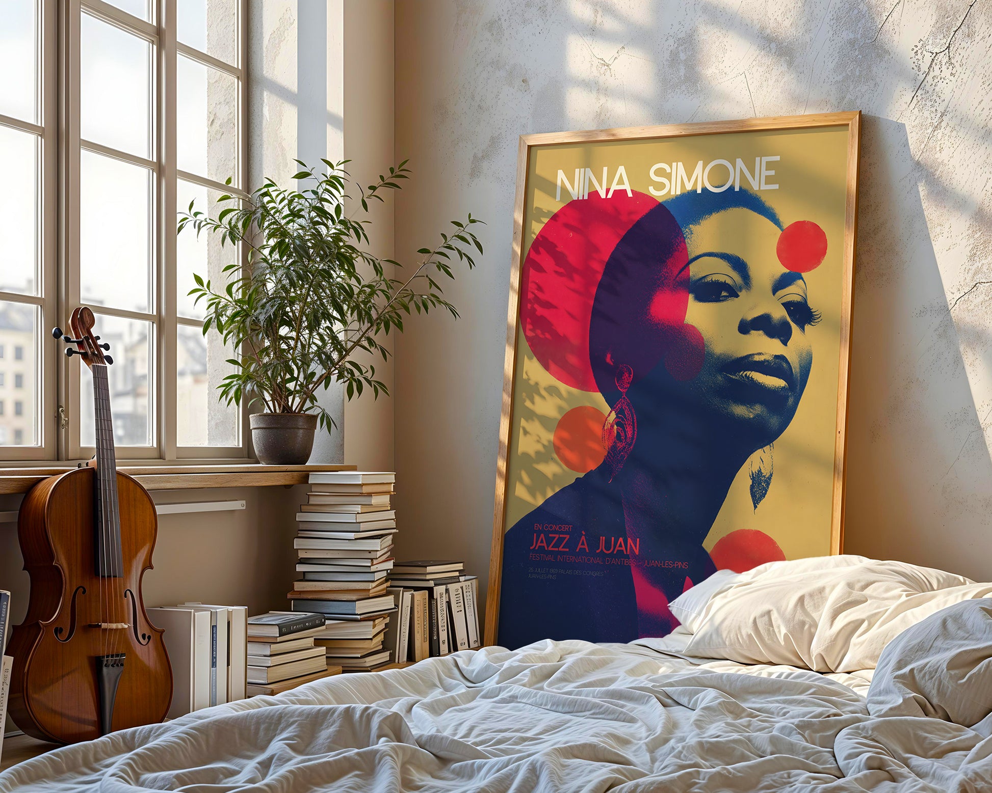 Room interior with a framed poster of Nina Simone, books, and a violin.