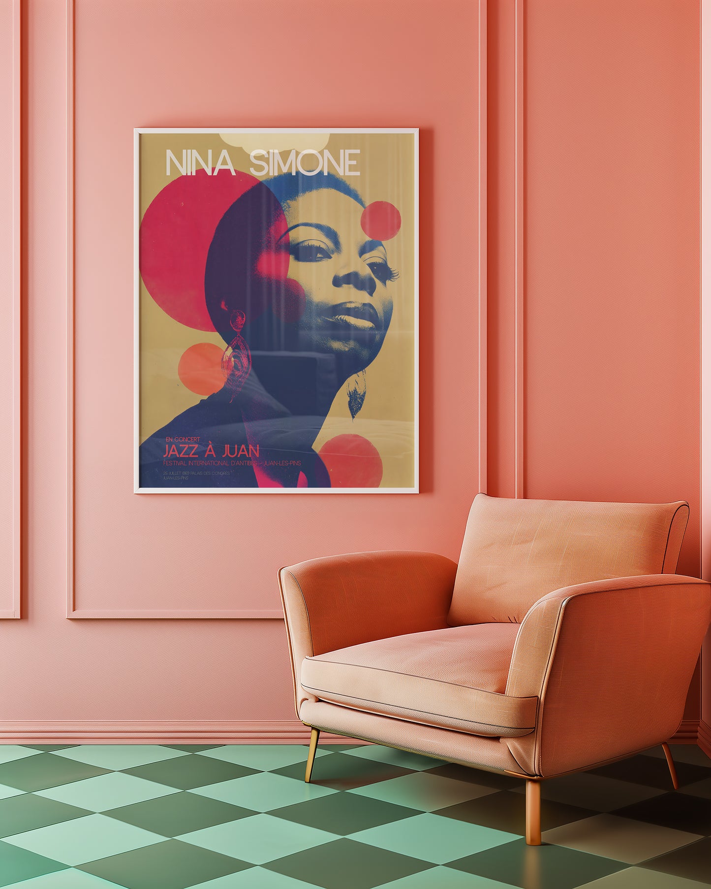 Mid-century modern poster styled in clean Scandinavian inspired on a pink wall above a peach armchair with a green and blue checkered floor.