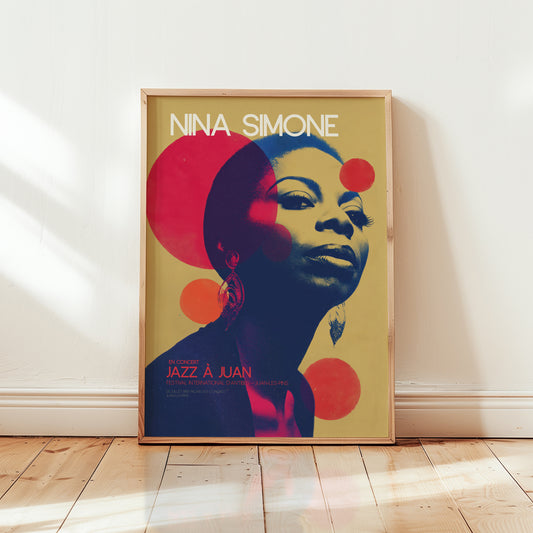 Nina Simone inspired jazz poster featuring bold retro portrait illustration with warm vintage colours in mid-century modern style from Wallgarde